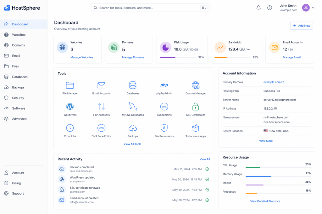 Hosting control panel dashboard