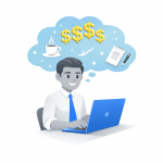 cartoon freelance person working at laptop