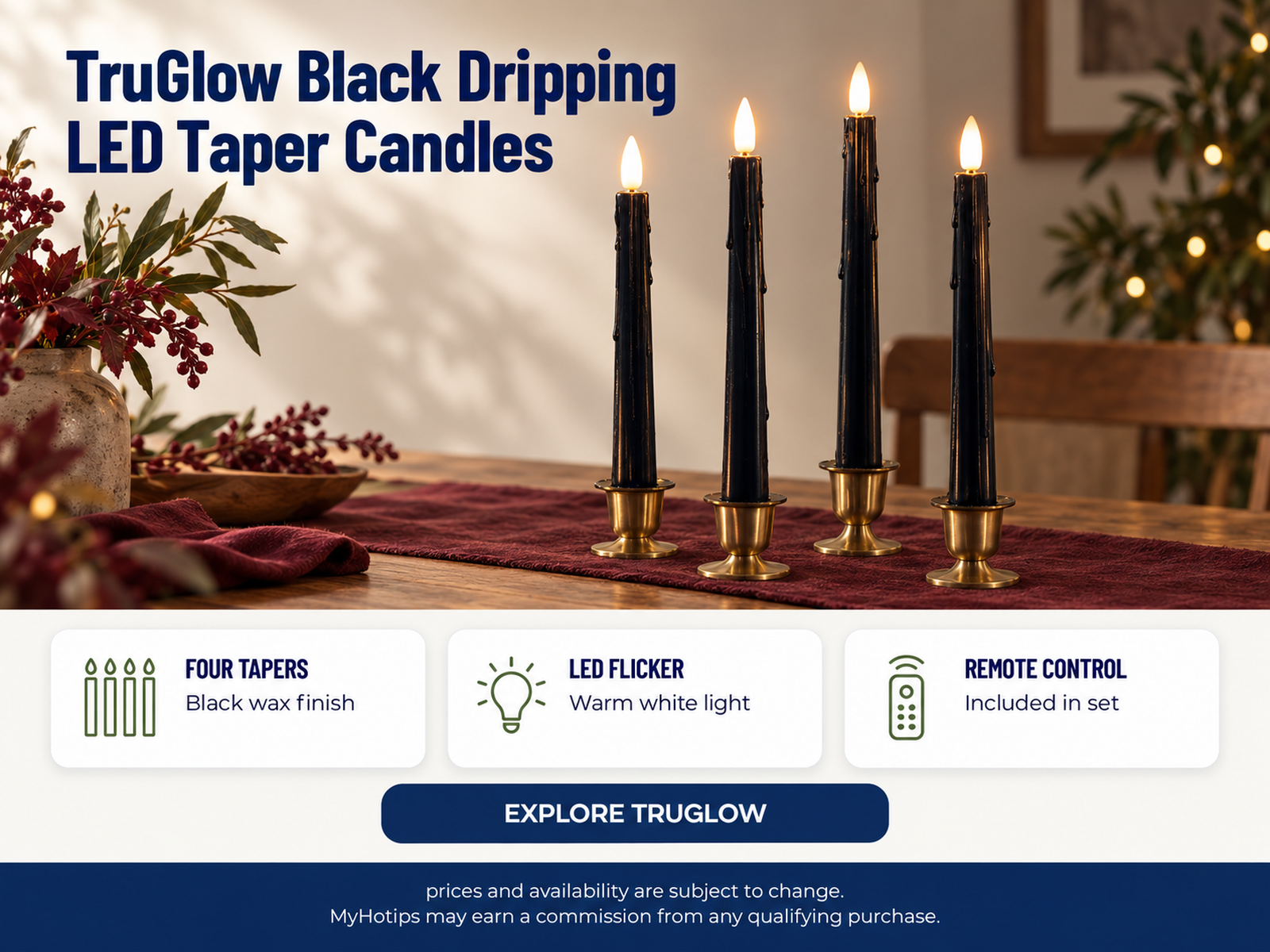 4 TruGlow Black Dripping Wax LED Taper Candles With Remote Control