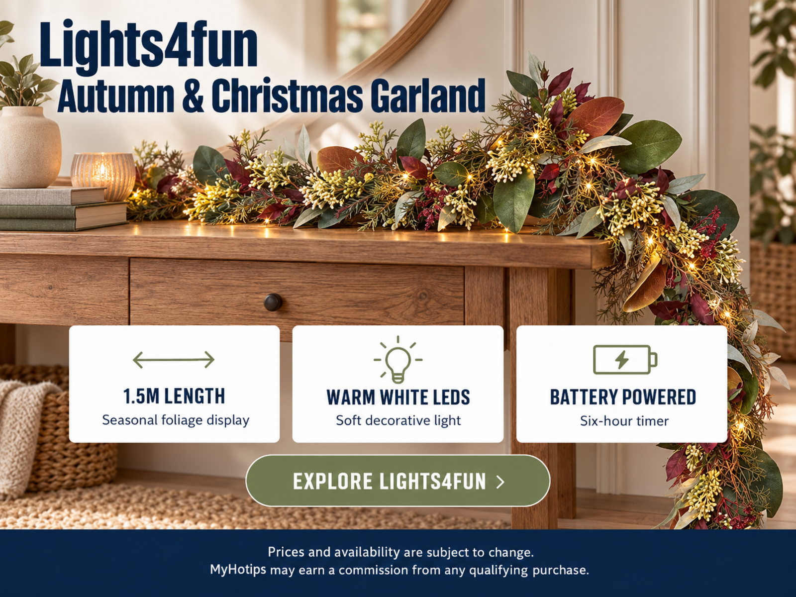 Lights4fun 1.5m Pre Lit Autumn & Christmas Garland