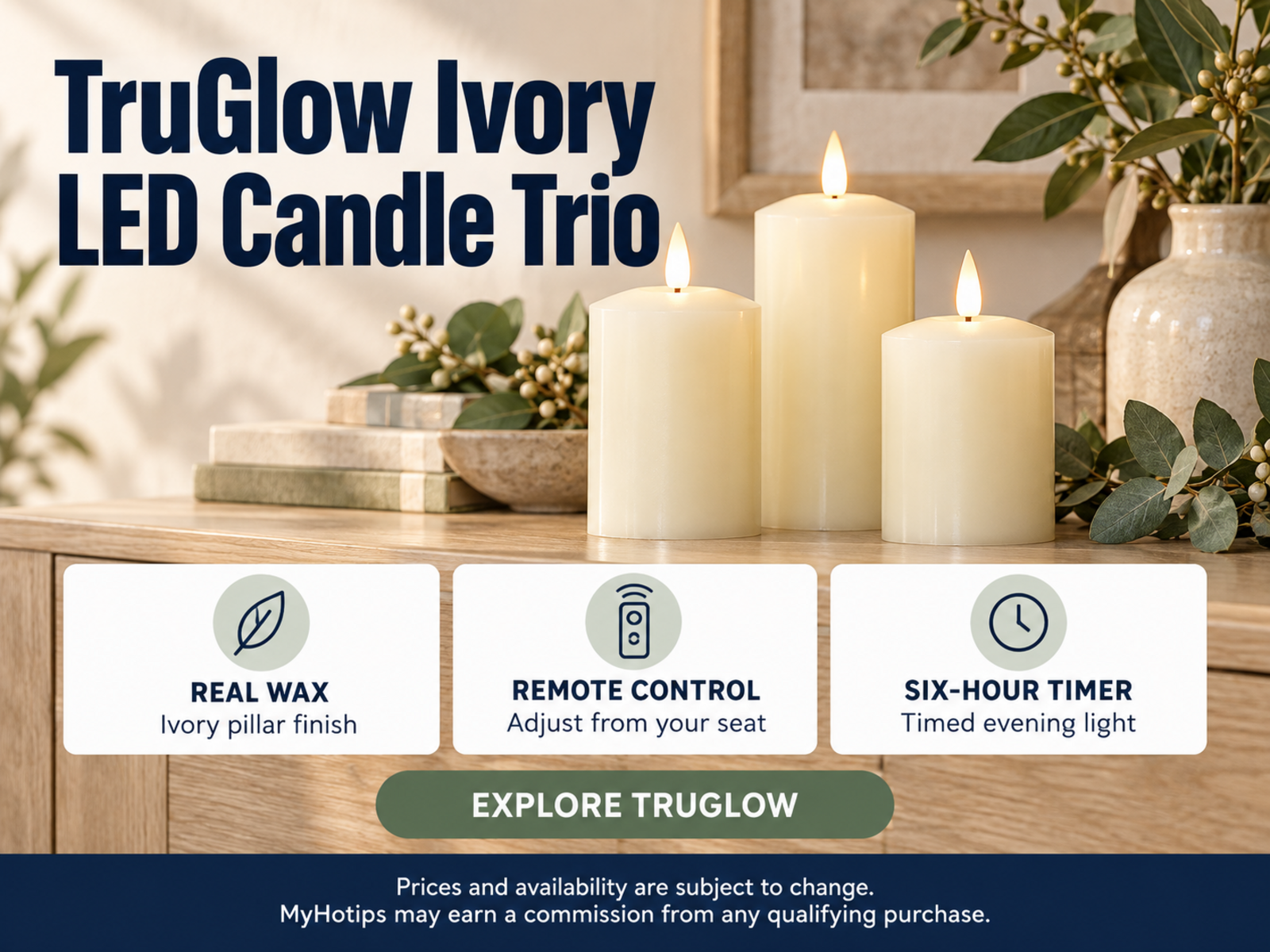 TruGlow Ivory LED Pillar Candle Trio