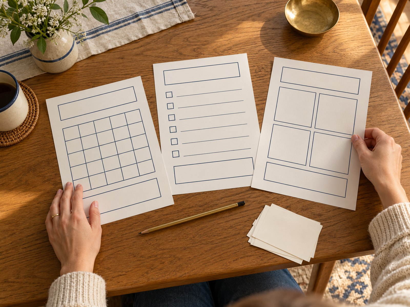 Hands arrange three simple paper worksheet prototypes on a wooden table