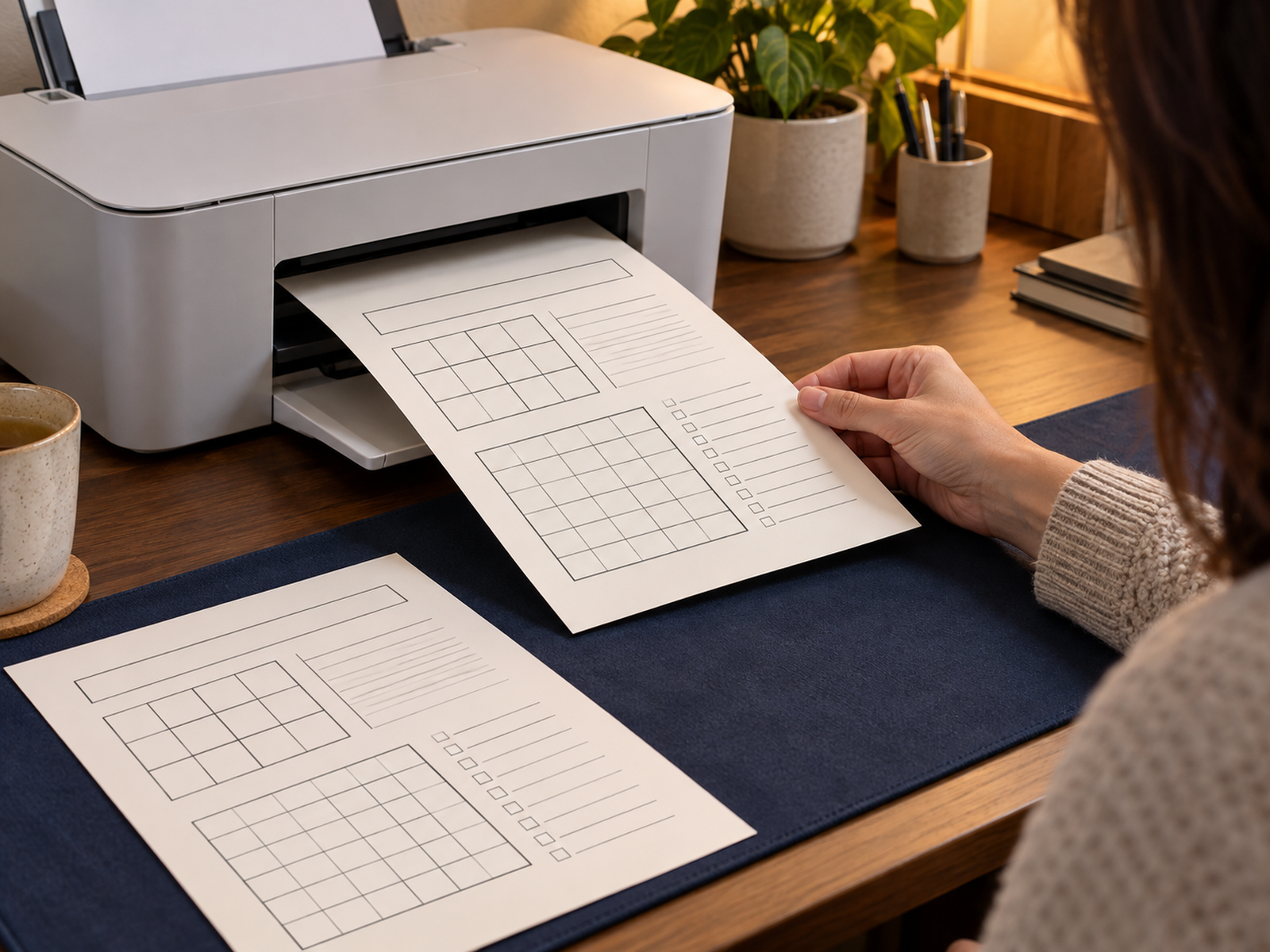 A printed worksheet is inspected beside a compact home printer