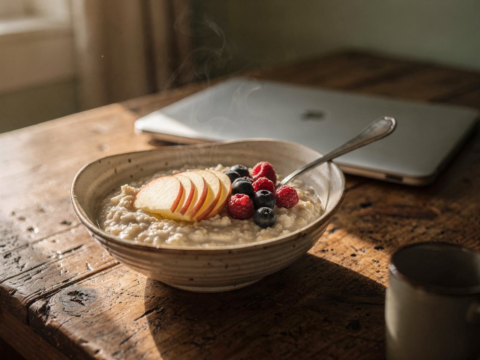 A bowl of porridge topped with sliced apple and berries on a kitchen table beside a closed laptop in soft morning light.
