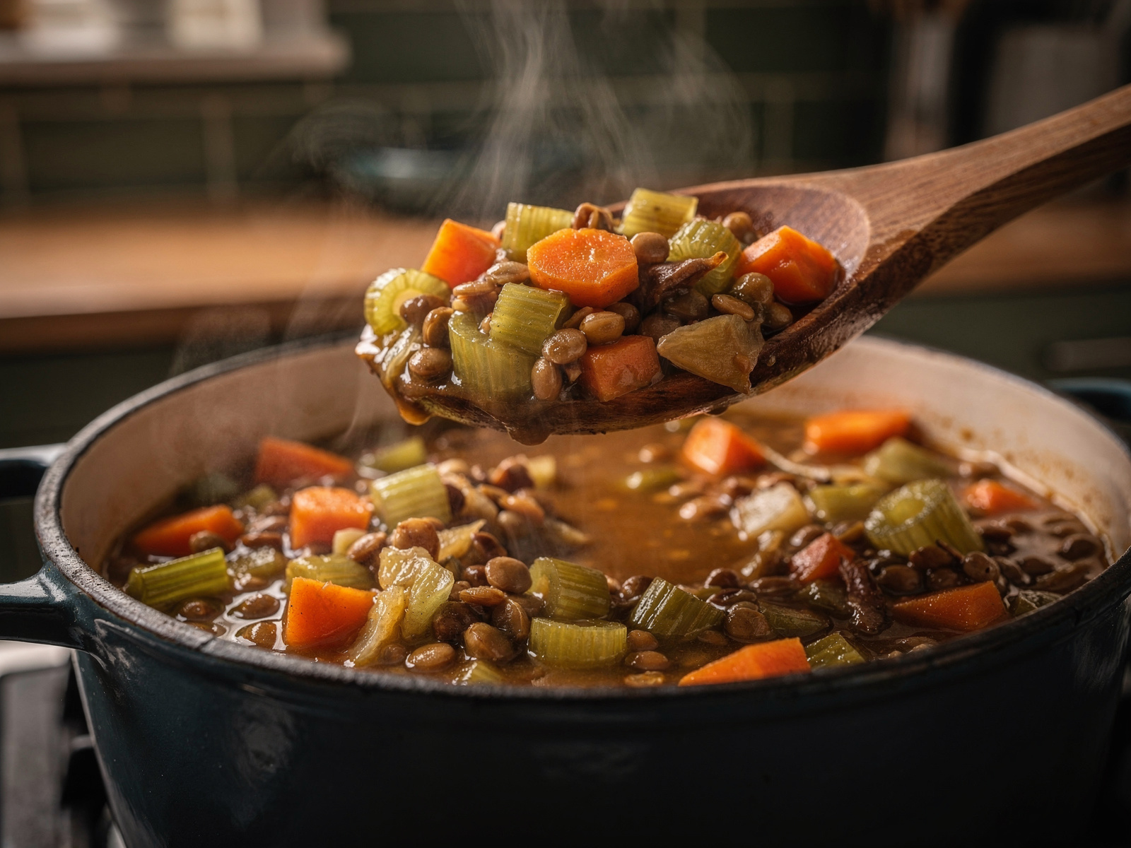 A wooden spoon lifting a thick vegetable and lentil stew from a casserole pot, steam rising in warm kitchen light.