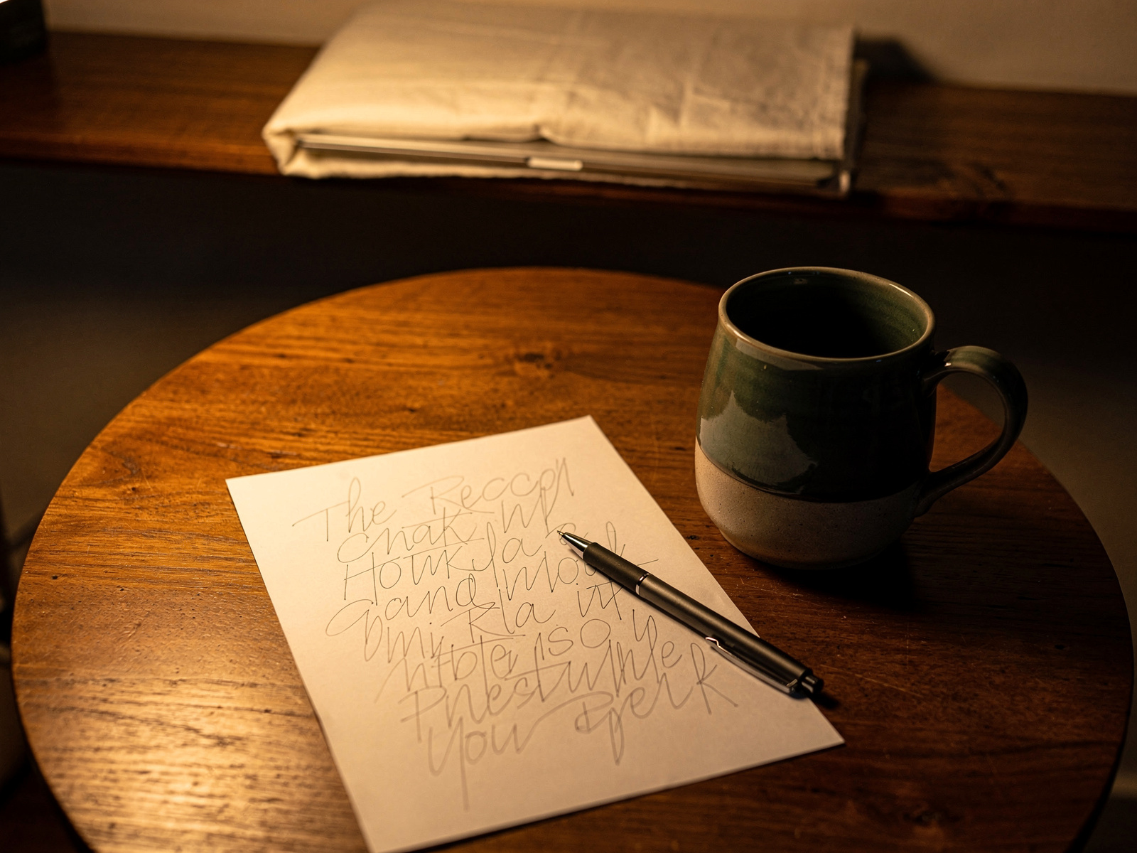 A closed laptop on a shelf with a folded cloth over it, and a handwritten list on a table beside a mug in soft evening lamplight.