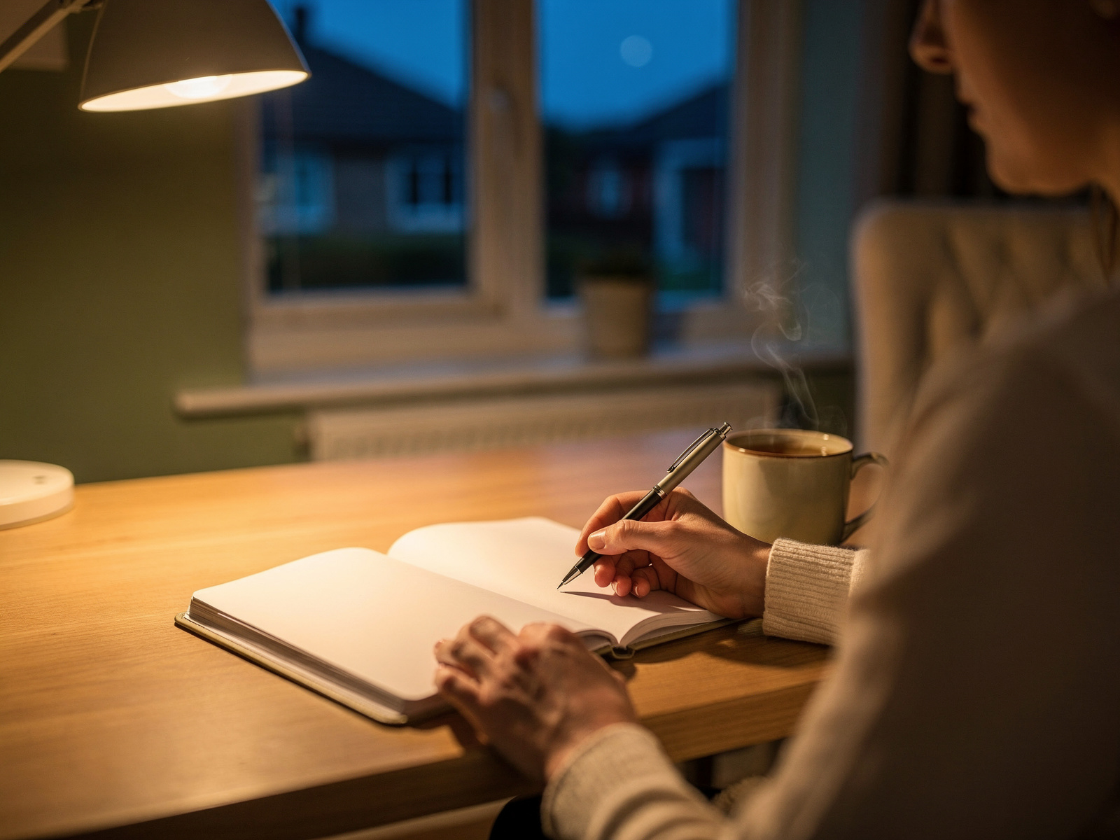 A person at a desk at dusk writing in a paper diary under a lamp, a mug of tea beside the page.