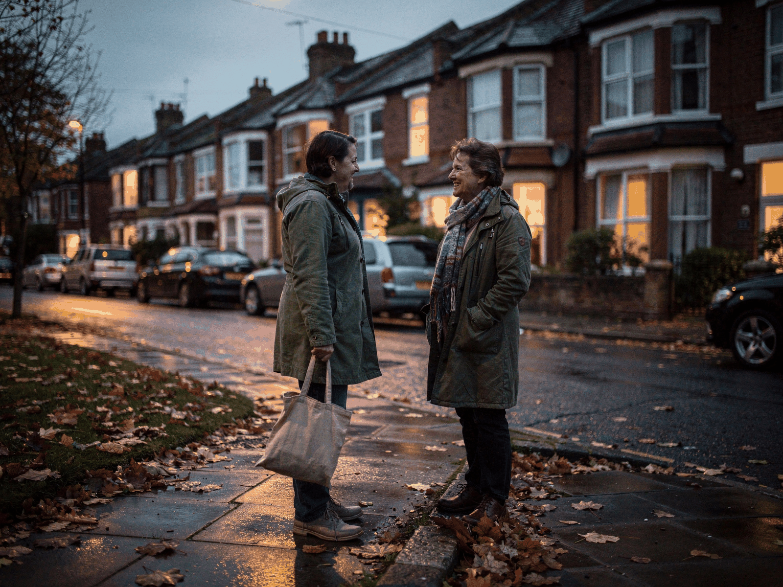 Two neighbours chatting briefly on a residential pavement at dusk, one holding a shopping bag, streetlights just coming on.
