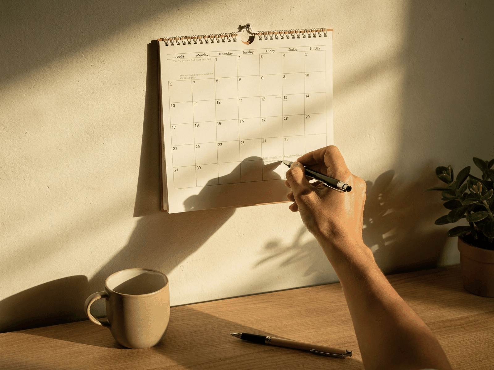 A hand writing in a paper wall calendar at a home desk, a pen and a mug nearby, soft late-afternoon light.