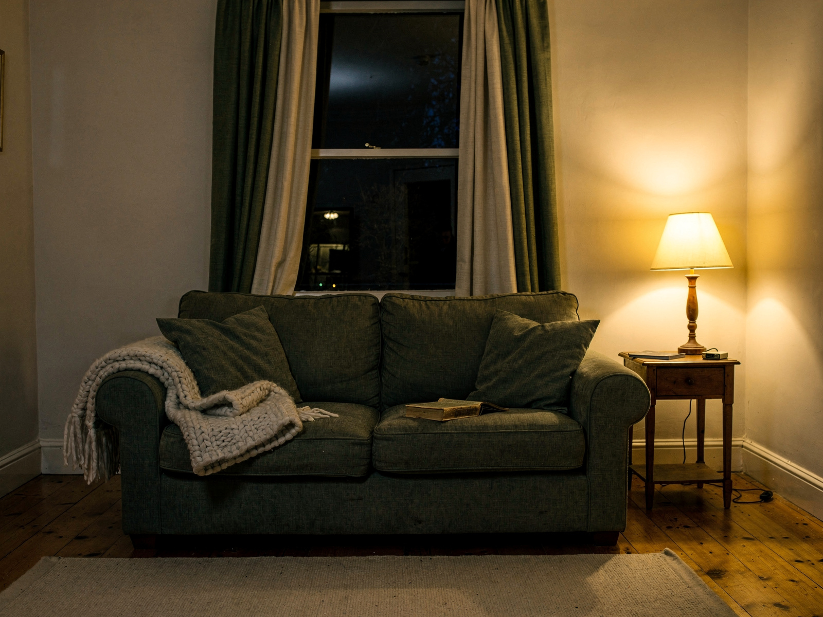 A quiet living room in the evening with a lamp on, a book and a folded blanket on the sofa, calm and unstaged.