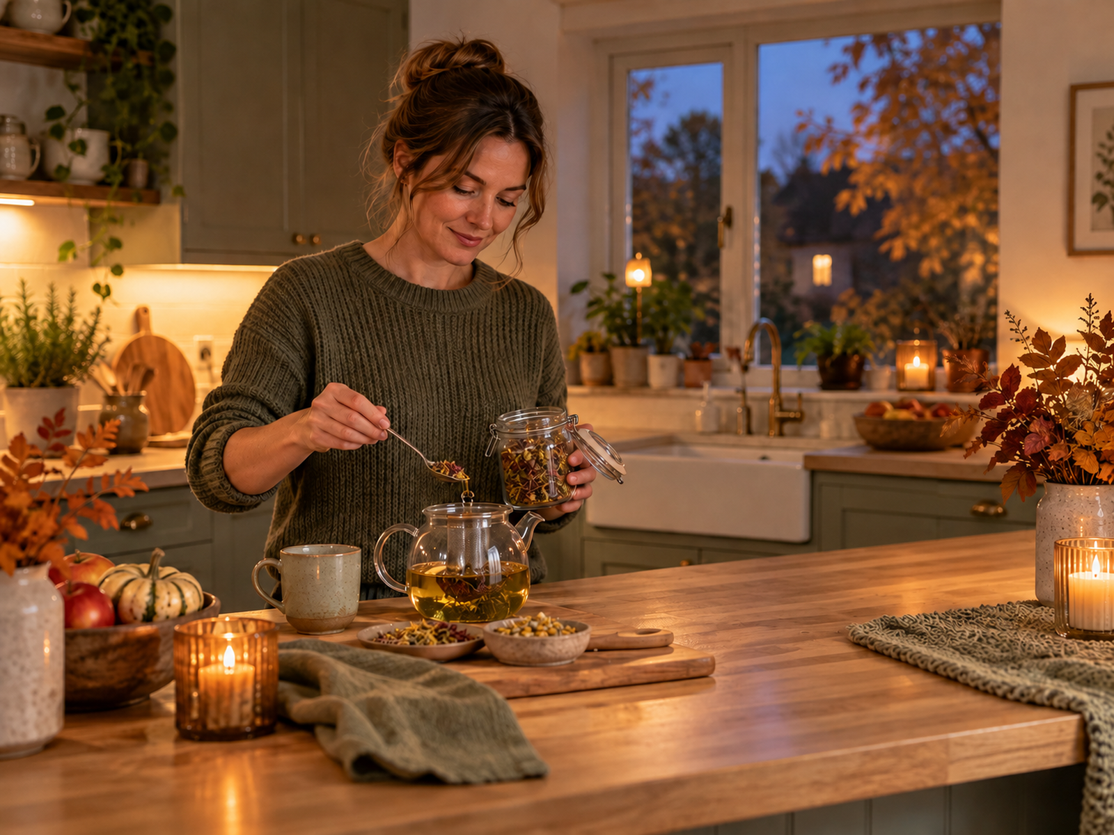 Woman preparing loose-leaf tea in a warm autumn kitchen