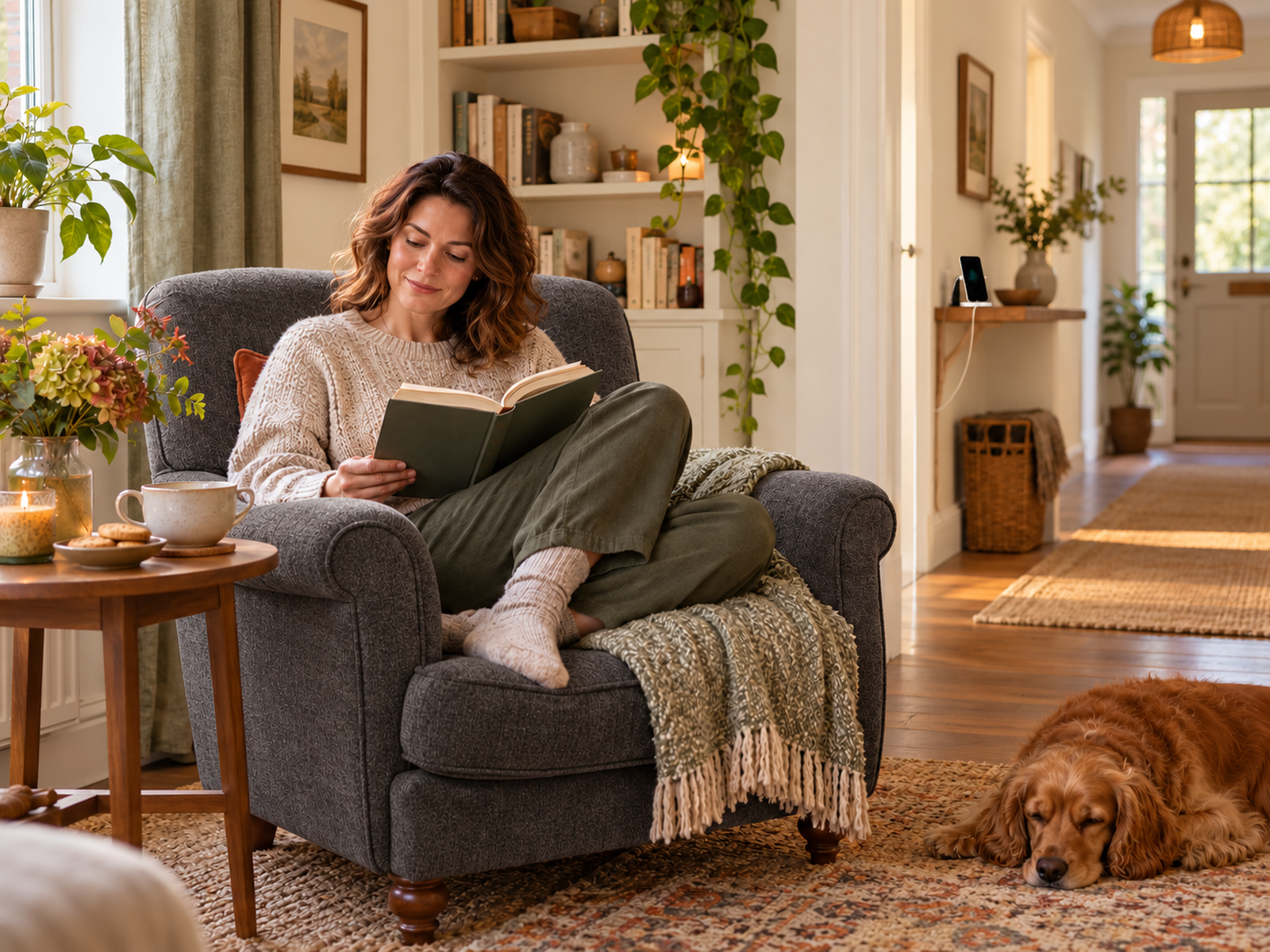 Woman reading in a charcoal armchair with a dog resting nearby