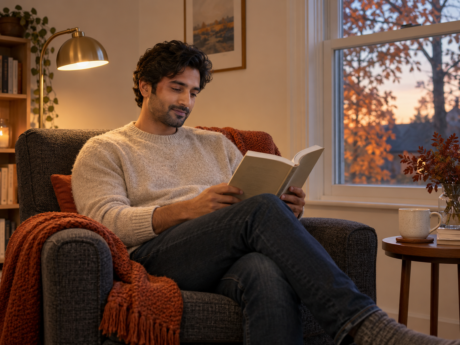 Man in an oatmeal jumper reading in a charcoal armchair