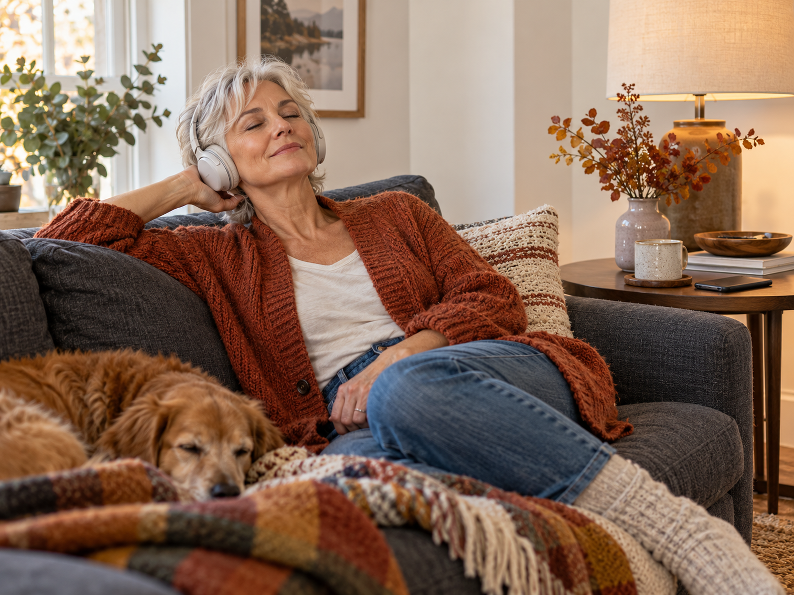 Older woman wearing headphones while relaxing on a charcoal sofa