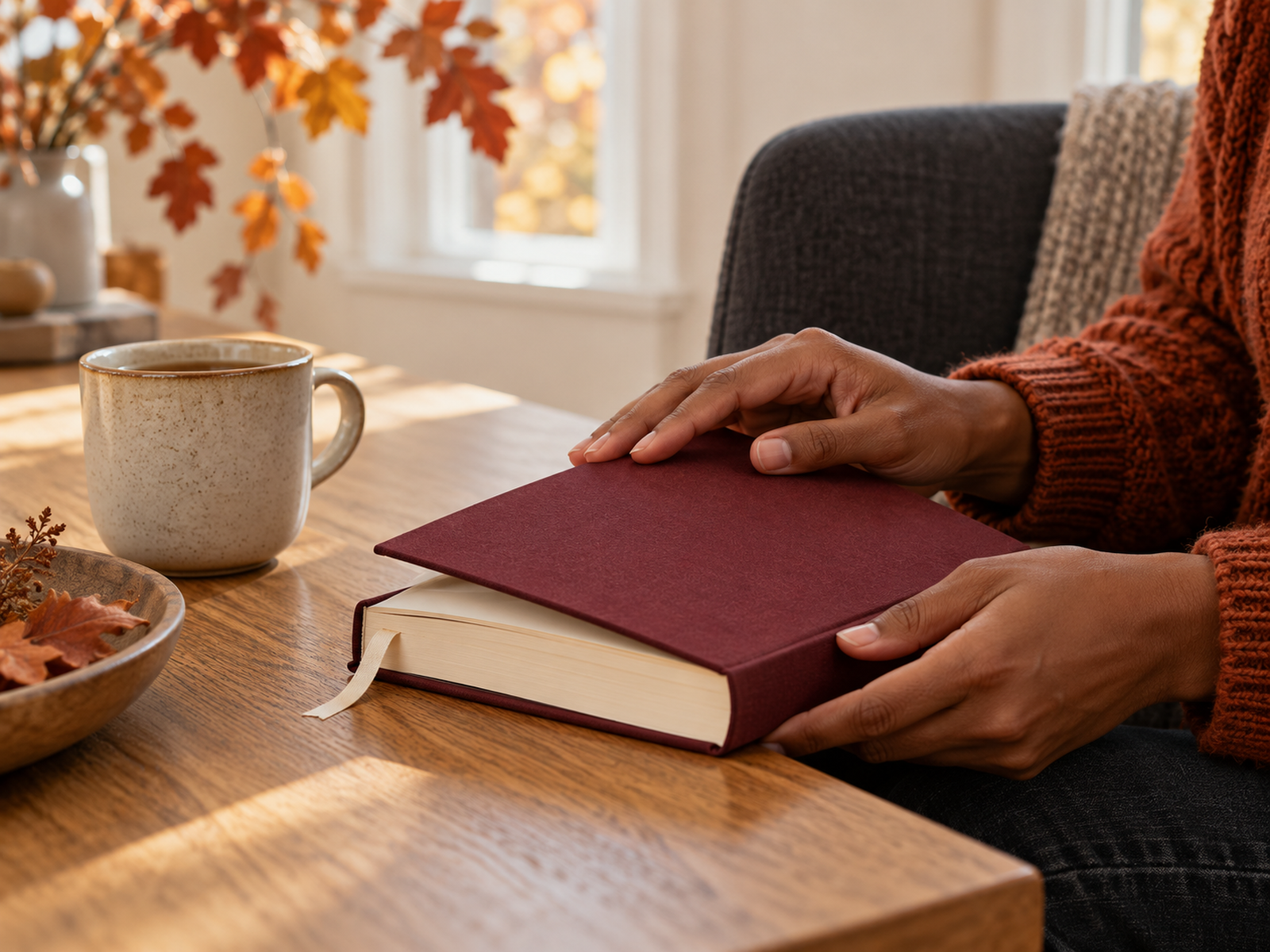 Hands closing a burgundy book with a cream bookmark beside a mug