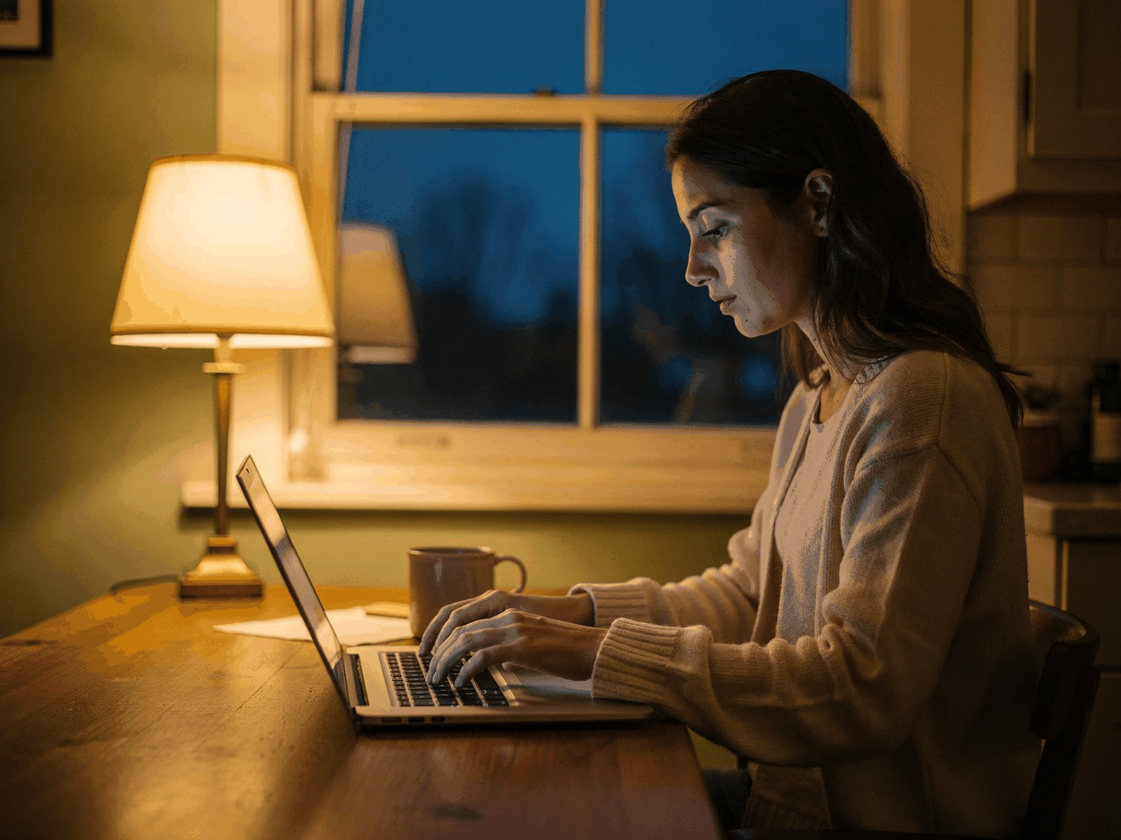 A person closing a laptop lid at a kitchen table while the window behind shows early evening dark, a lamp already switched on.