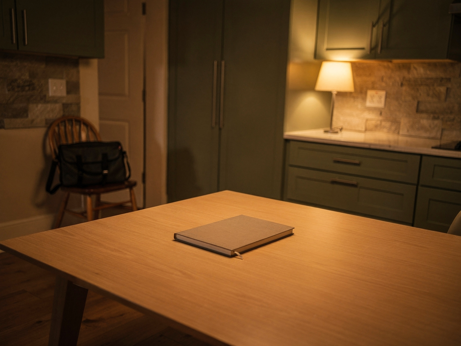 A clear kitchen table in the evening with a lamp on, a closed notebook, and a laptop bag packed and set down on a chair by the door.