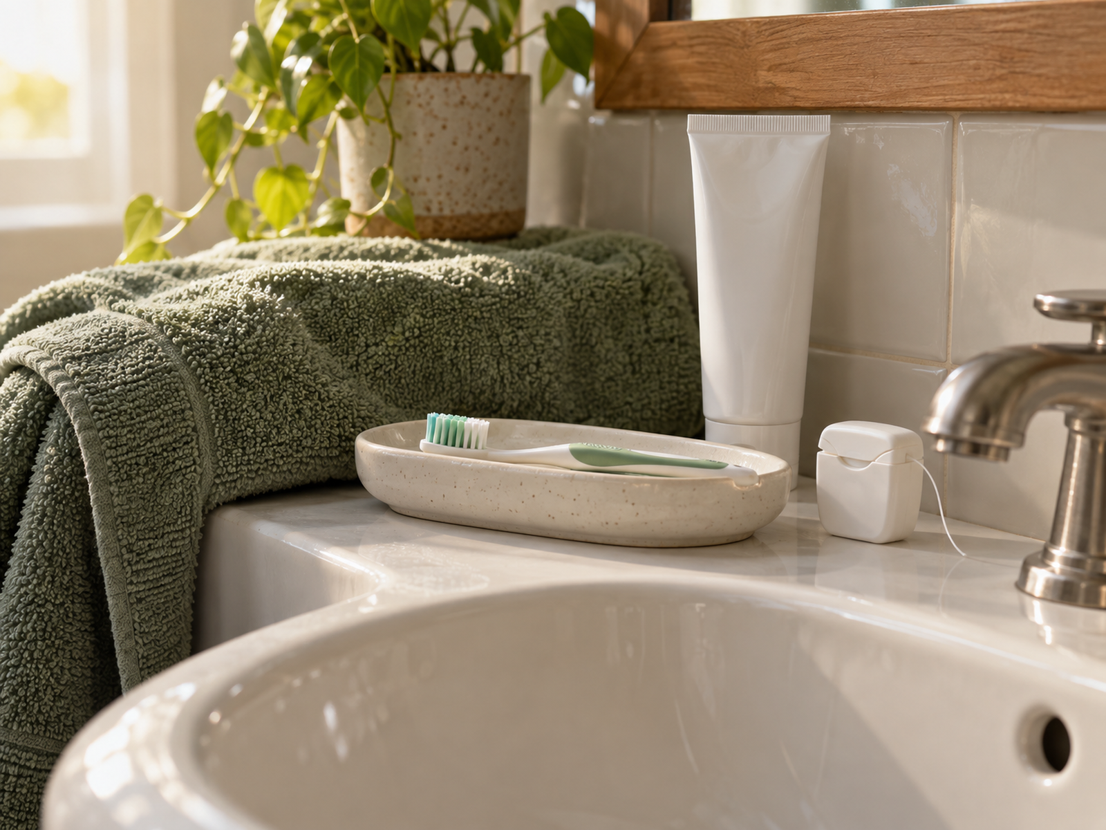 A simple toothbrush, plain toothpaste tube and floss container beside a bathroom sink