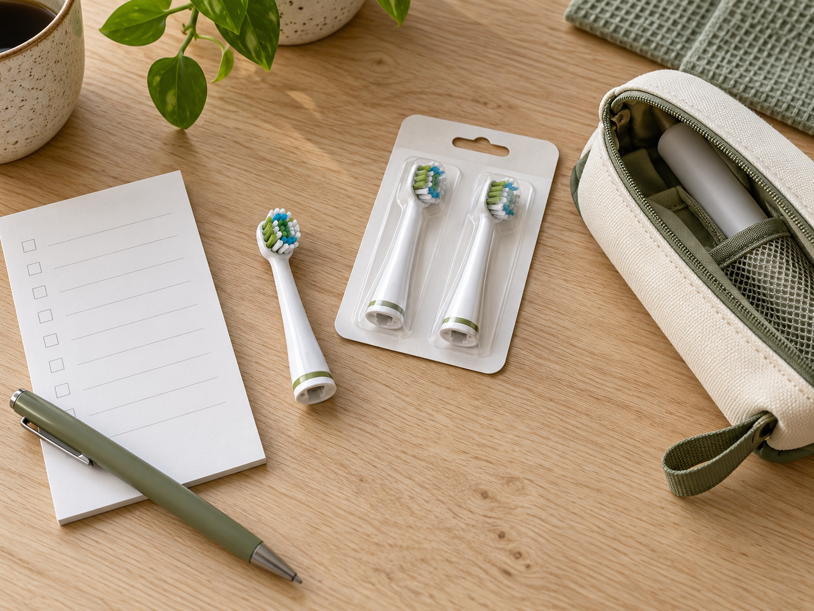 Generic replacement toothbrush heads and a travel pouch beside a blank shopping note