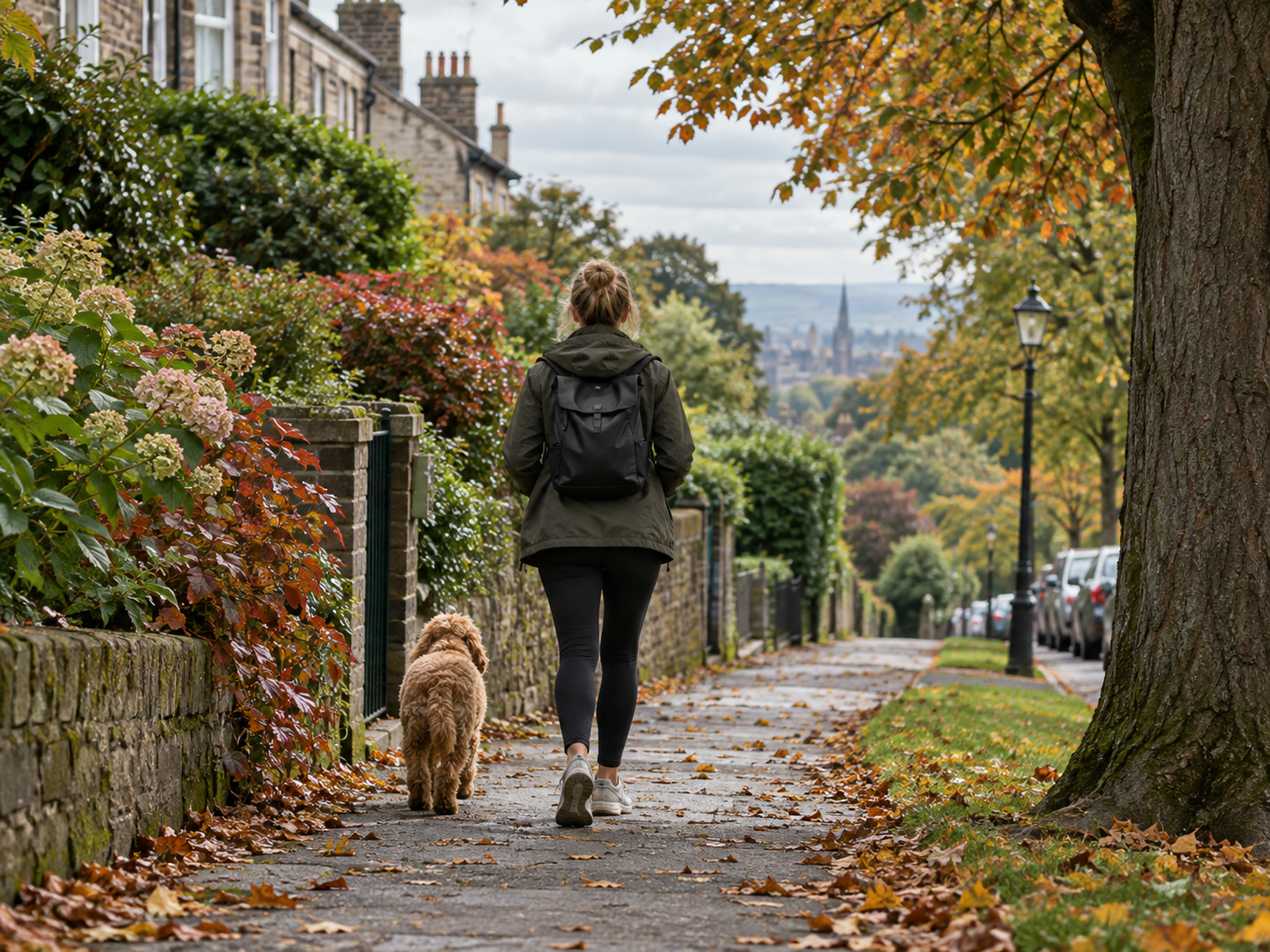 Home worker walking outdoors among autumn trees