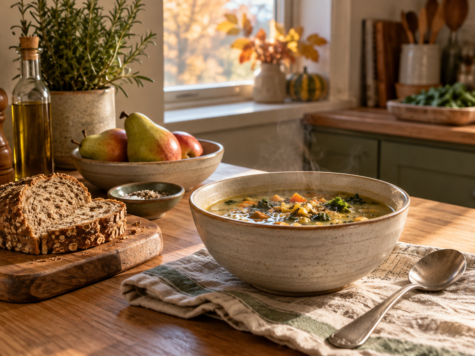 Simple soup and bread lunch in an autumn kitchen