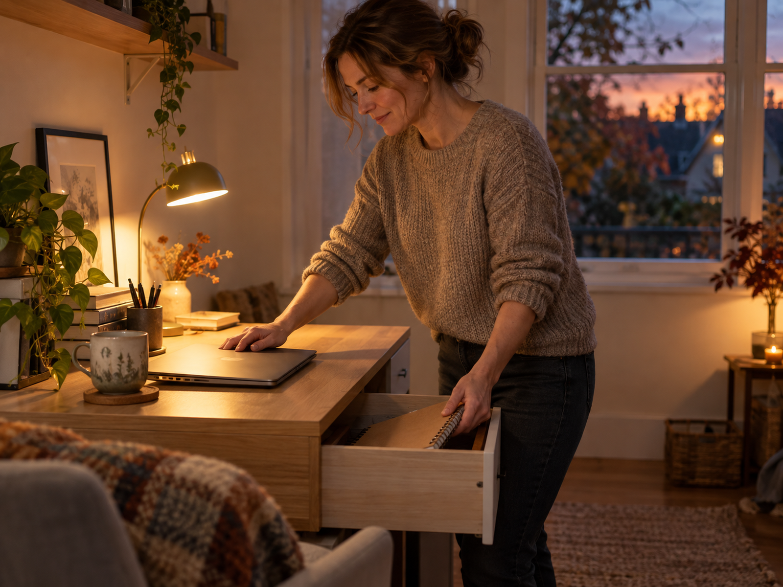 Home worker closing a laptop at dusk