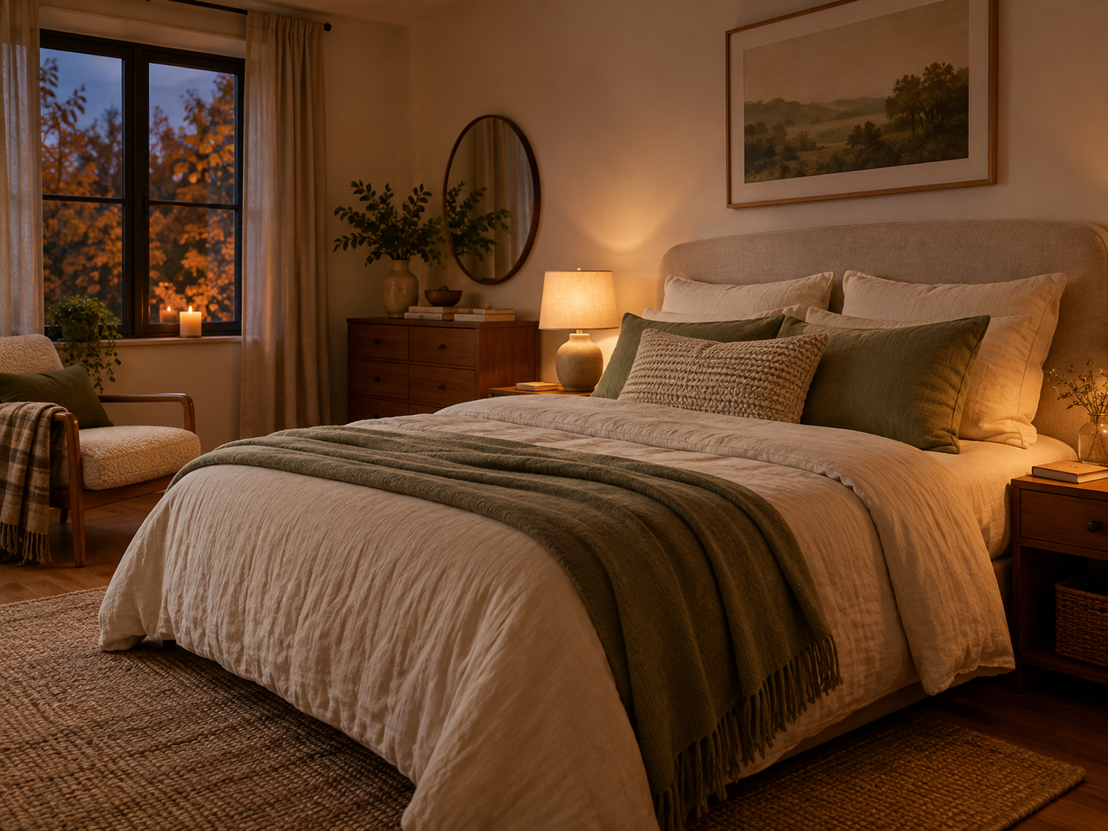 Warm bedroom with a book and bedside lamp