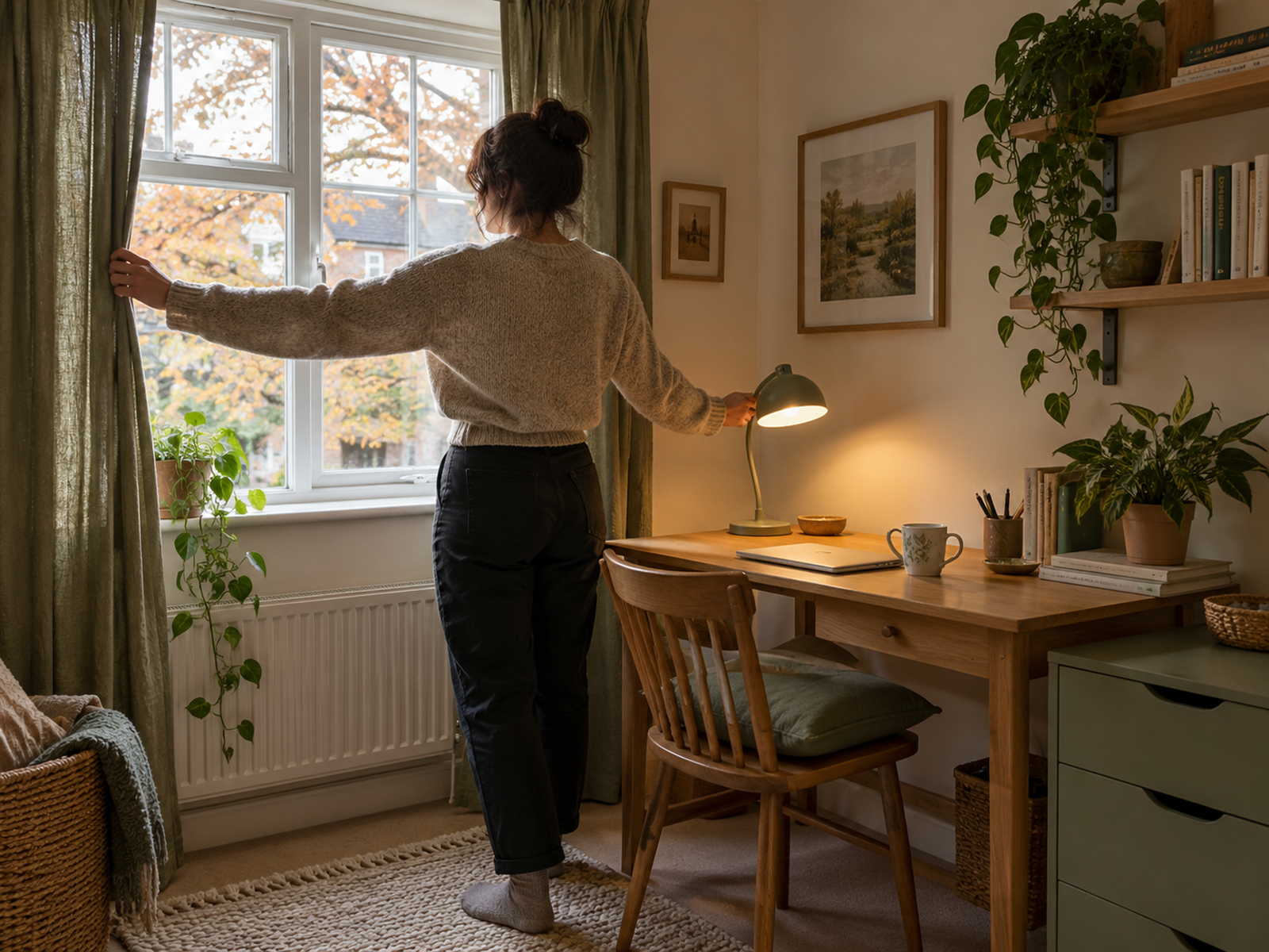 Home worker opening curtains beside a desk lamp