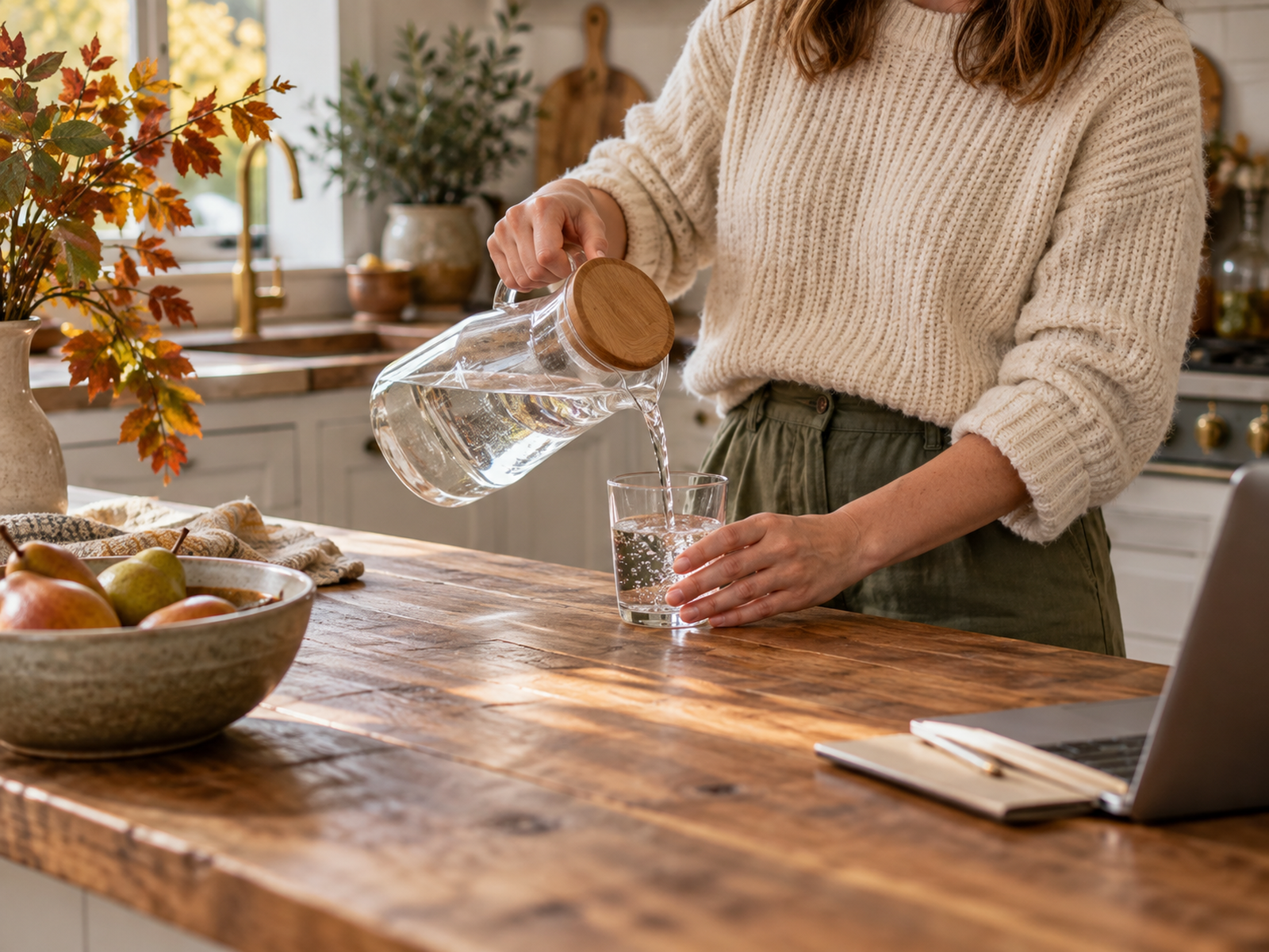 Home worker refilling a glass of water in an autumn kitchen