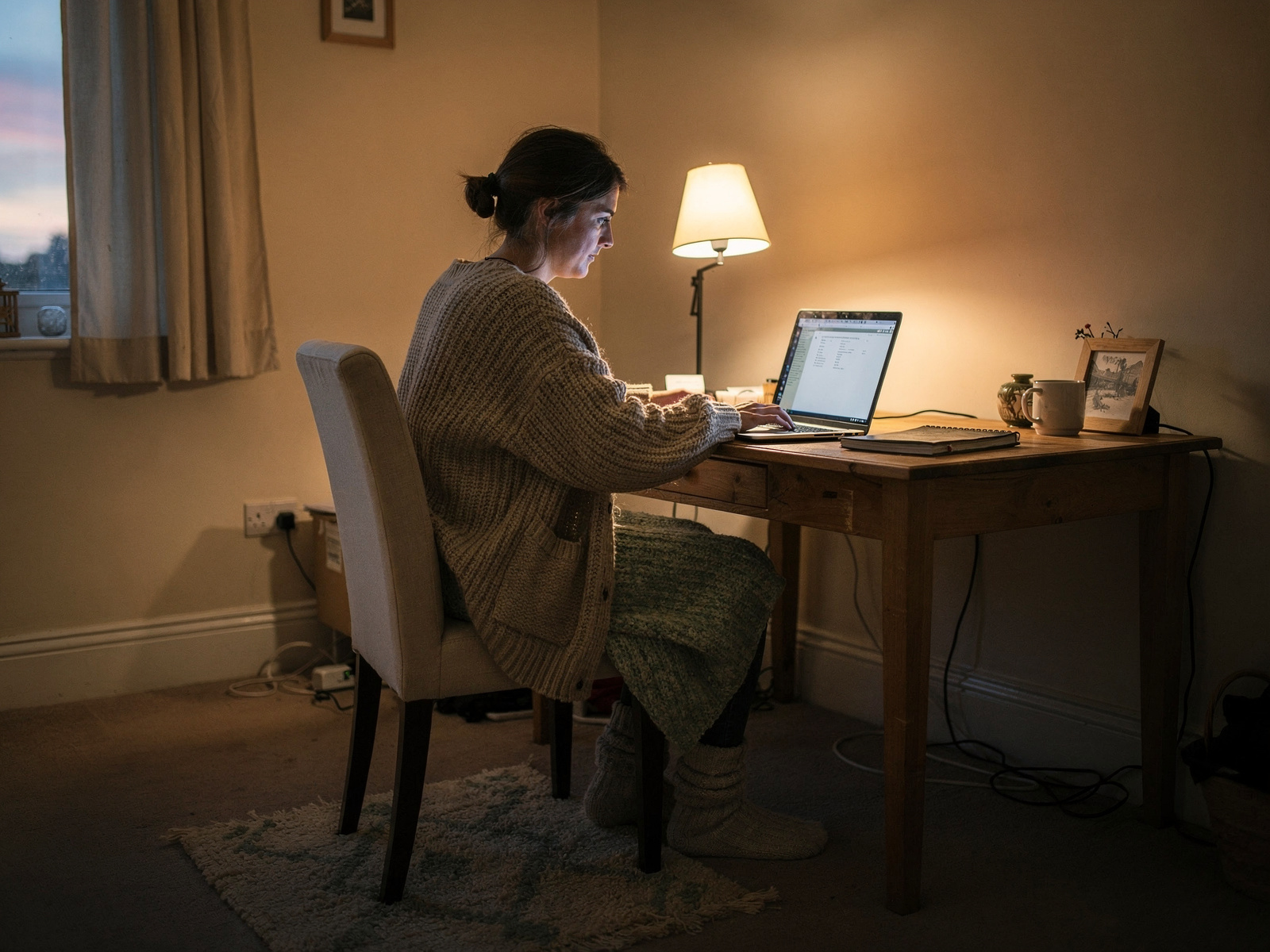 A person working at a laptop at a wooden desk in soft evening light, with a woollen blanket over their lap and a cardigan over a jumper.
