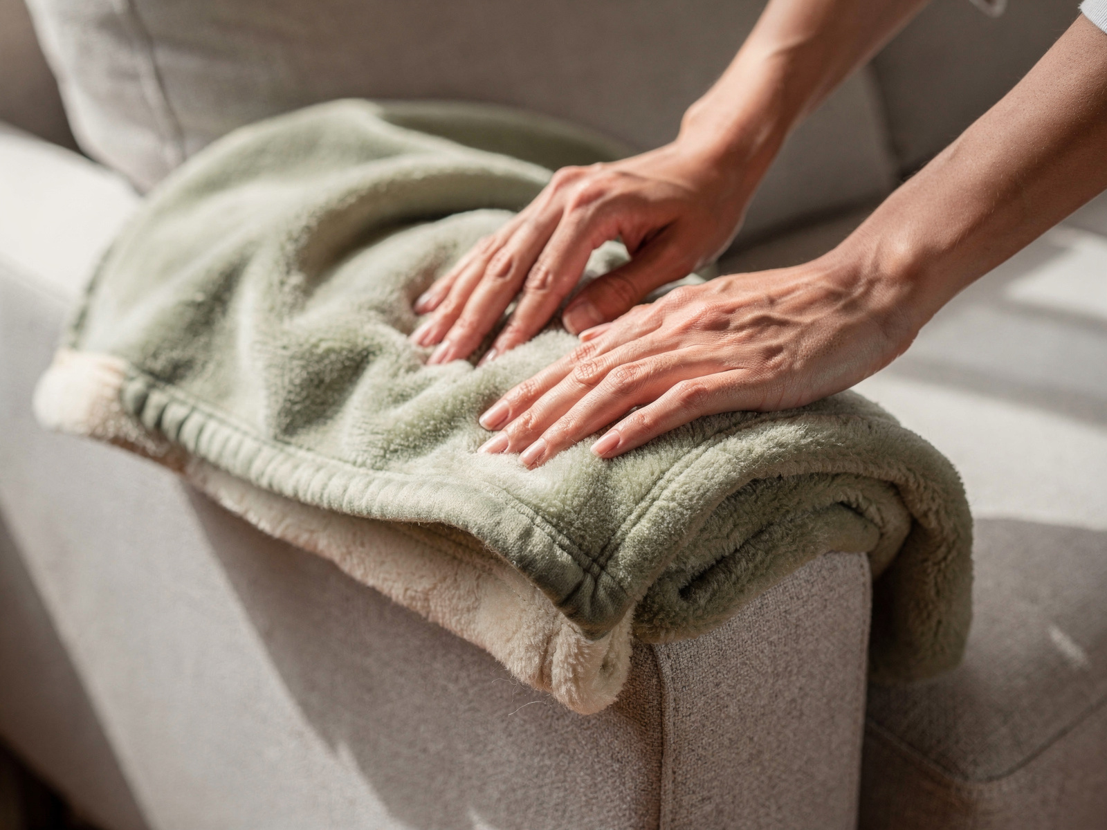 Hands running along the edge and flex of a folded fleece throw draped over the arm of a sofa in daylight, checking it for wear.