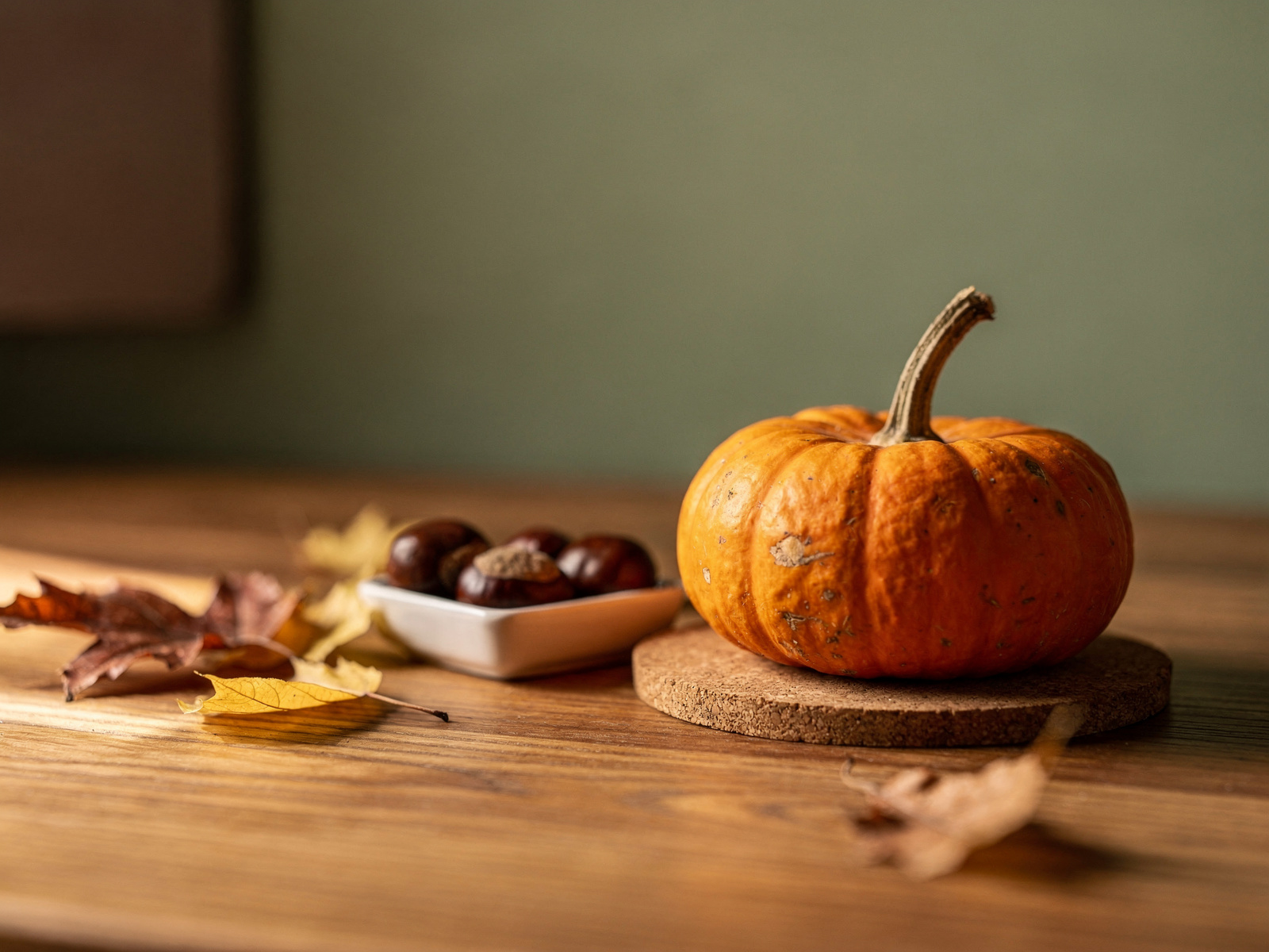 A small orange pumpkin on a cork coaster at the corner of a tidy wooden desk, with soft evening light from the side.