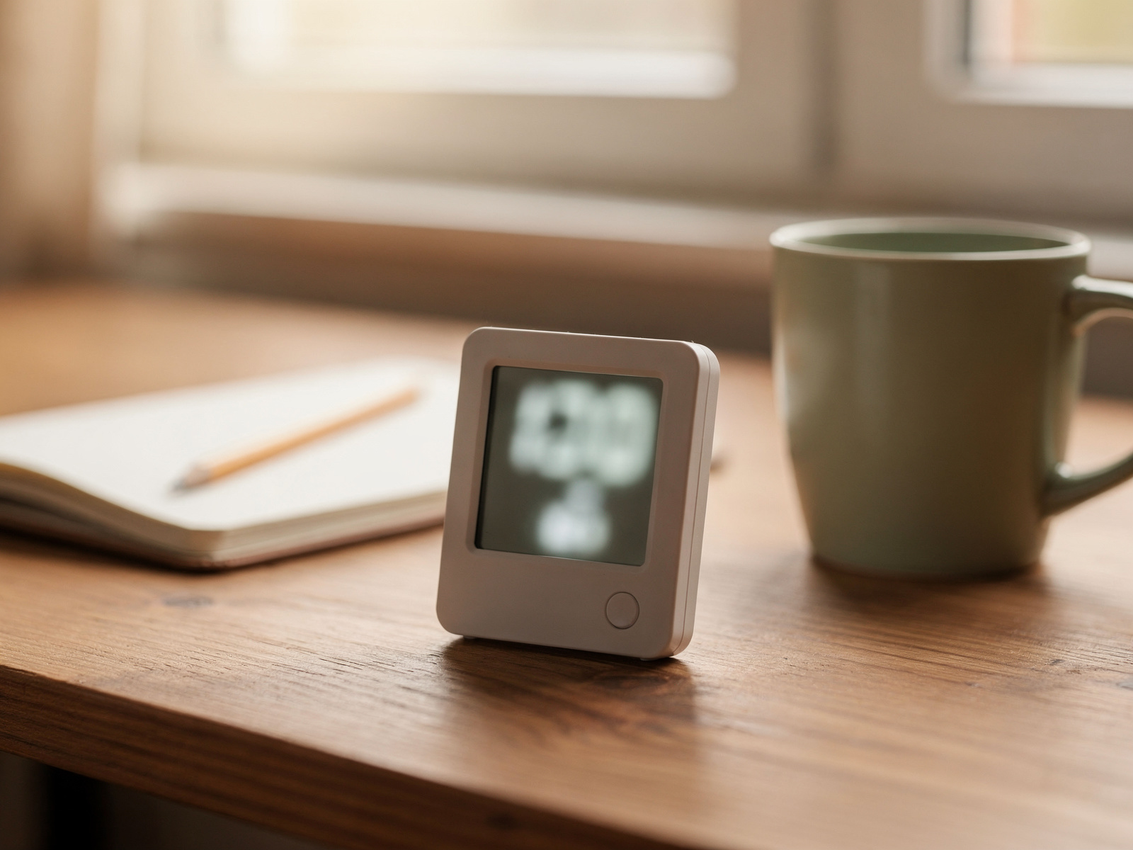 A small digital hygrometer standing on a desk at working height, a few feet from a window, in soft morning light.