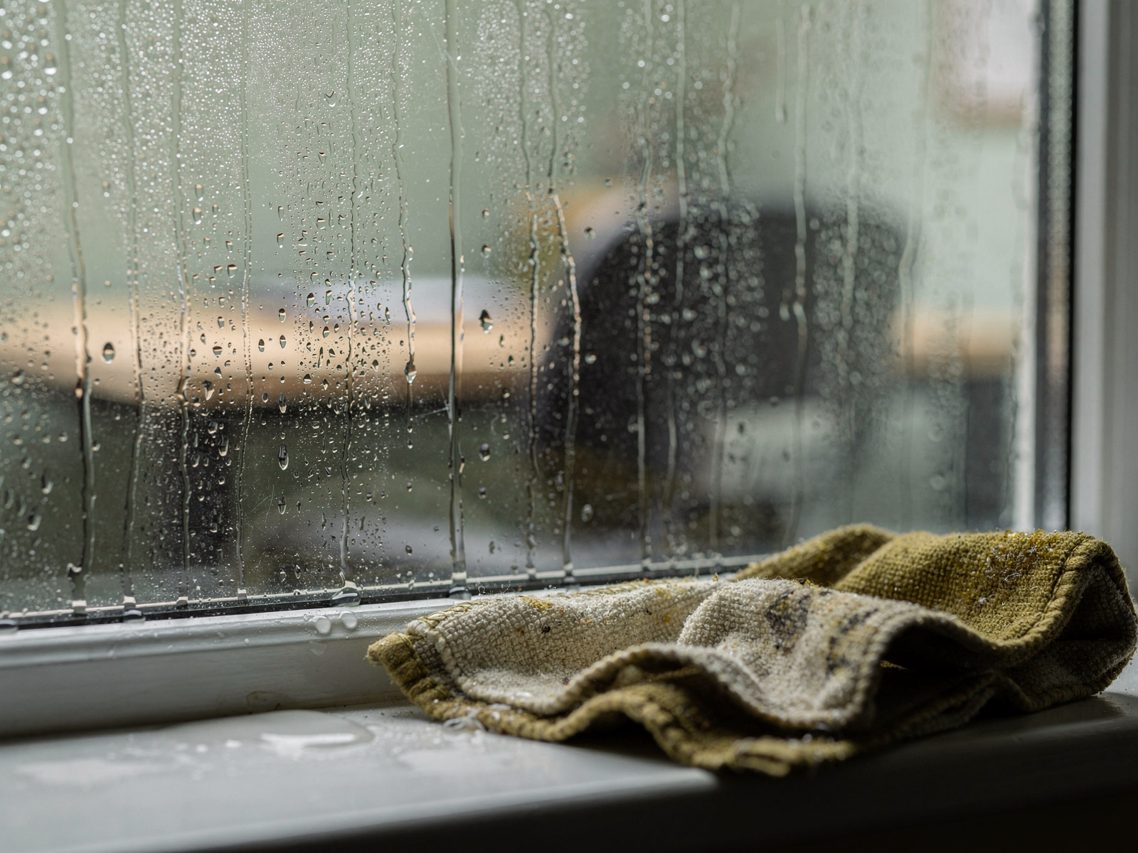 Condensation running down the inside of a single-glazed spare-room window, with a desk and chair just out of focus behind it.
