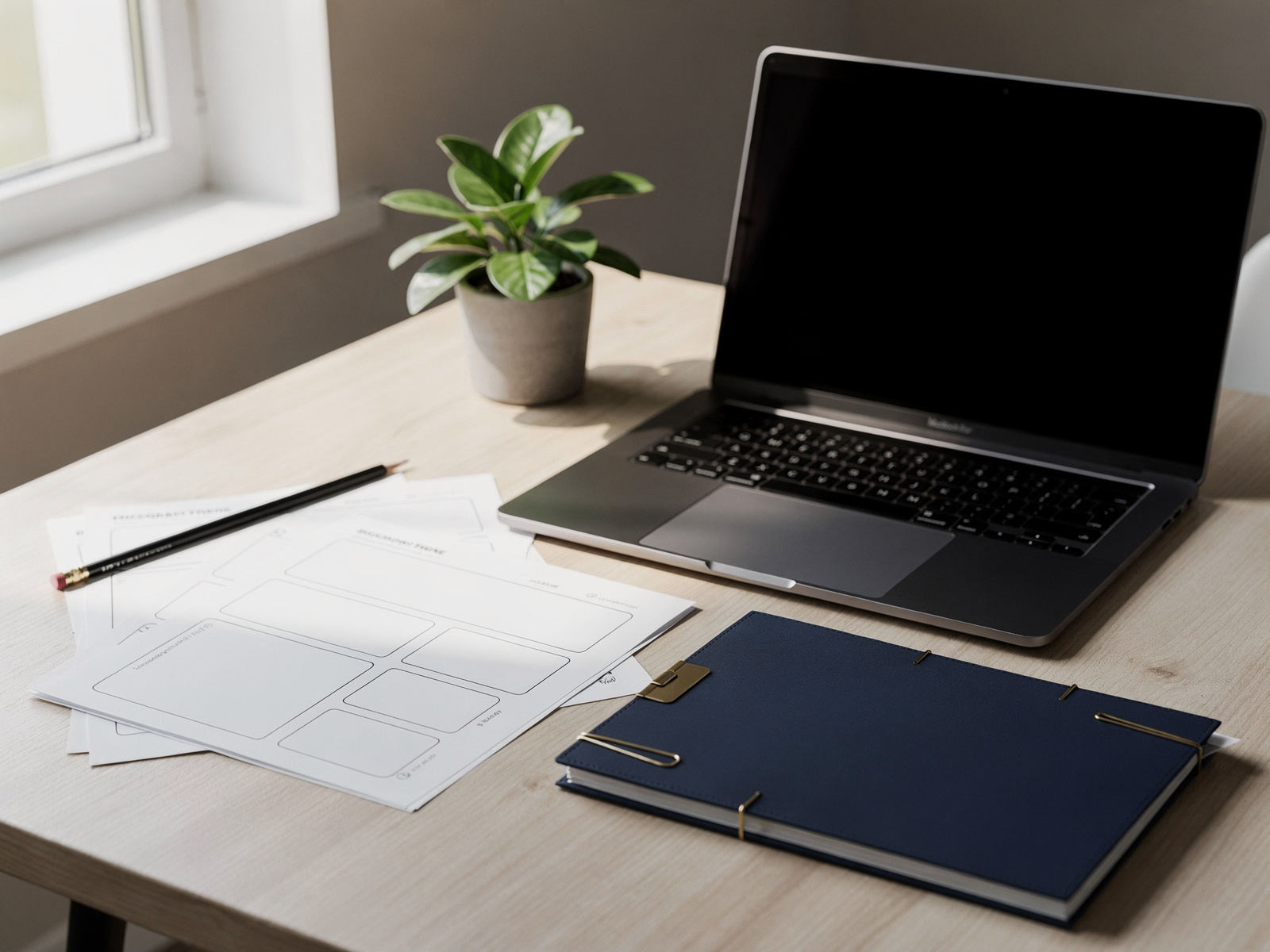 A freelancer at a home desk with a laptop open beside printed worksheet templates, daylight from a window.