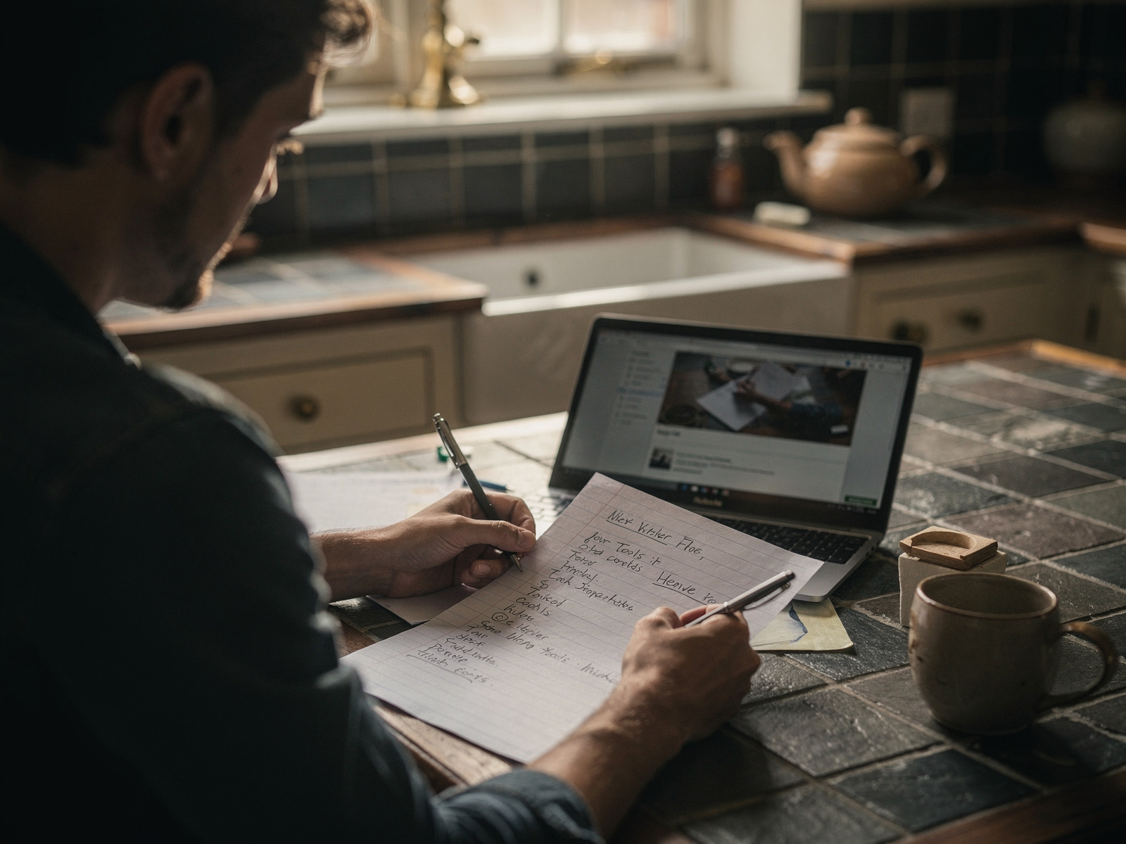 A freelancer at a kitchen table with a laptop and a handwritten list of tools, morning light.