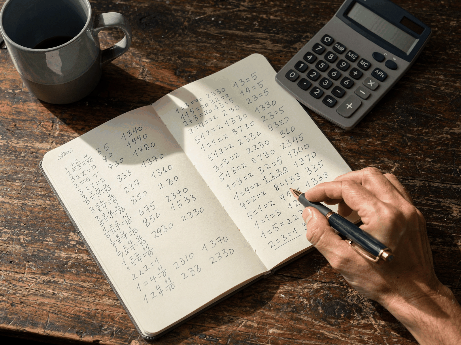 A notebook with handwritten sums beside a calculator and a mug on a wooden desk, soft daylight.