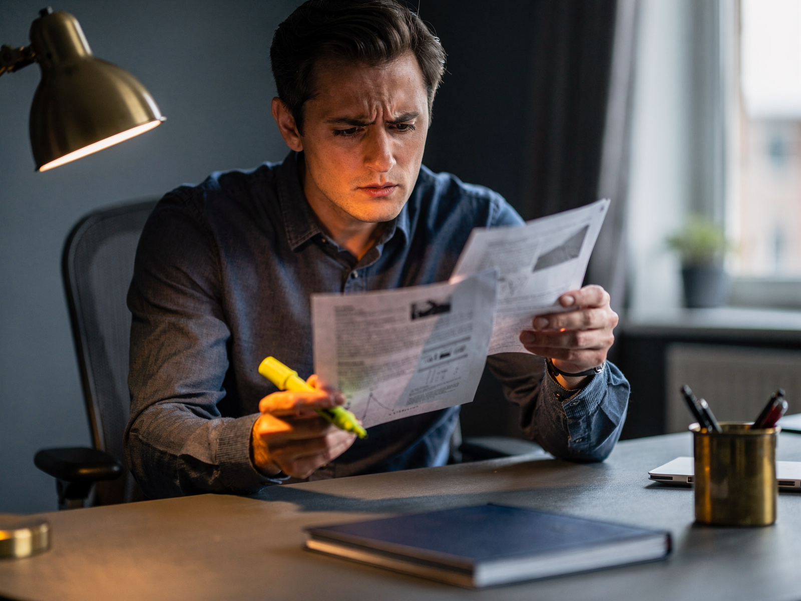 A person reading printed pages at a desk with a highlighter in hand, lamp and window light.