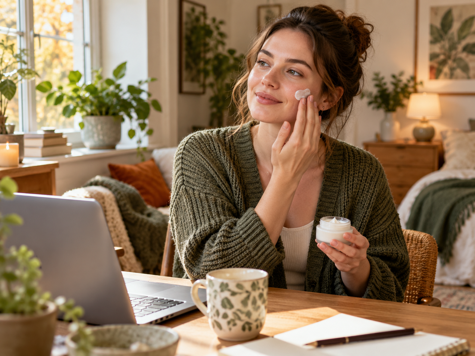 Woman gently applying ordinary moisturiser to natural clean skin