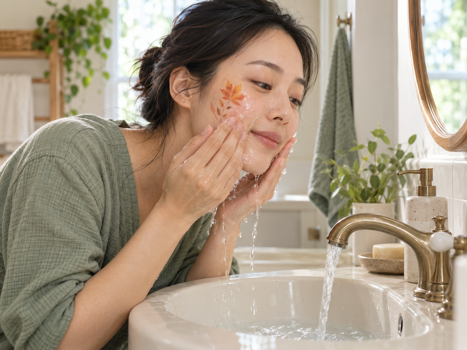 Adult gently washing a small autumn face-paint motif with fingertips and water