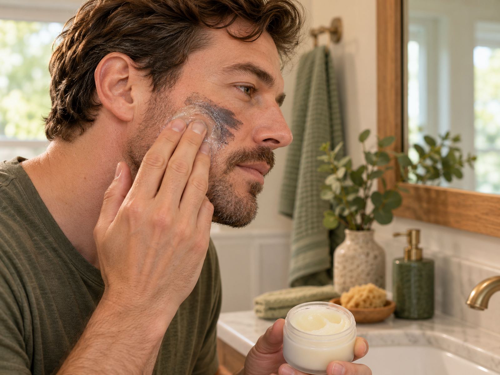 Adult gently working cleansing balm into dark costume makeup on his cheek