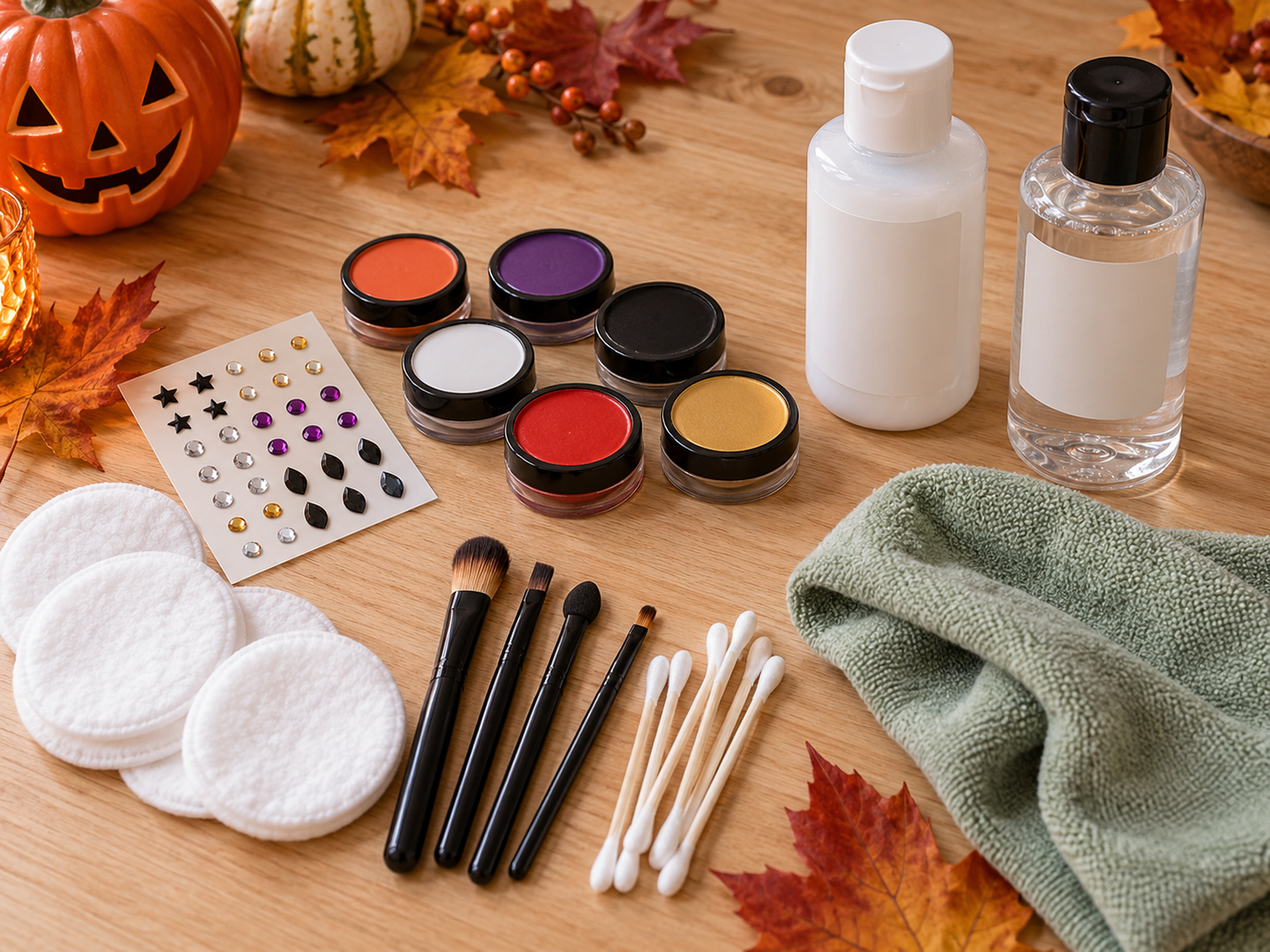 Unbranded costume makeup and adhesive-removal kit with face gems, clean pads and a soft cloth