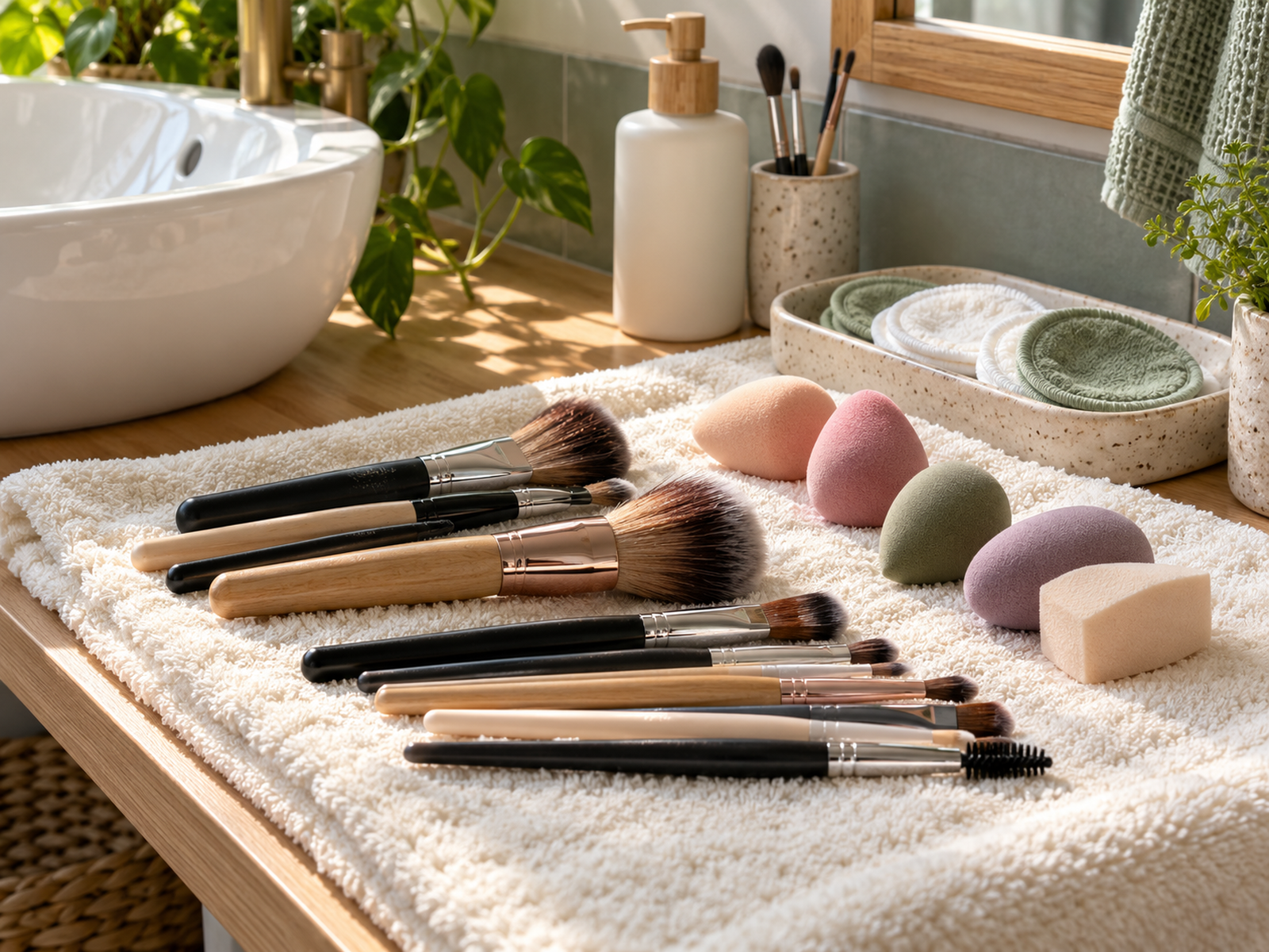 Clean makeup brushes and sponges drying on a cream towel beside a bathroom basin
