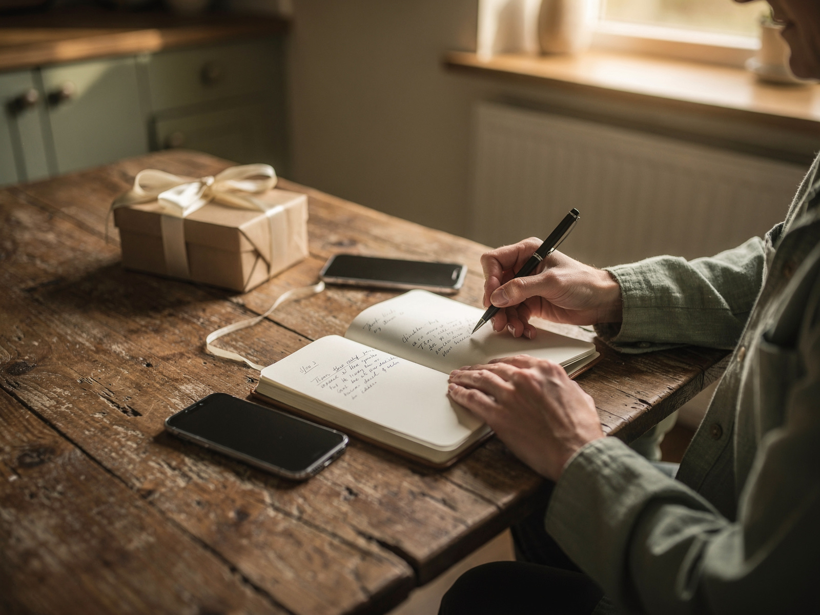 A person at a kitchen table writing a note in a paper diary beside a phone and a small gift box, warm daylight.