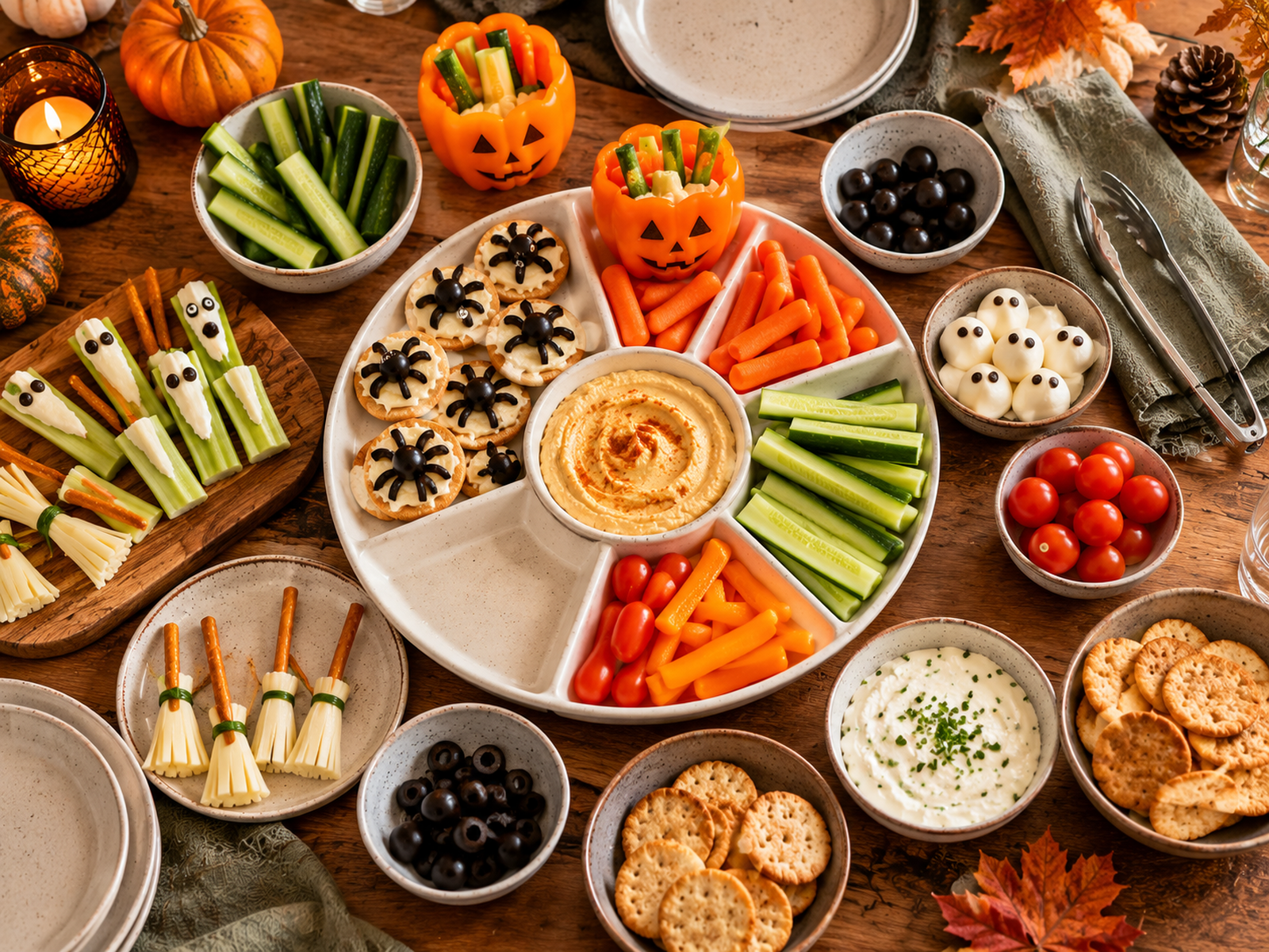 Overhead simple savoury Halloween snack platter with olive spiders, cucumber sticks and small serving bowls