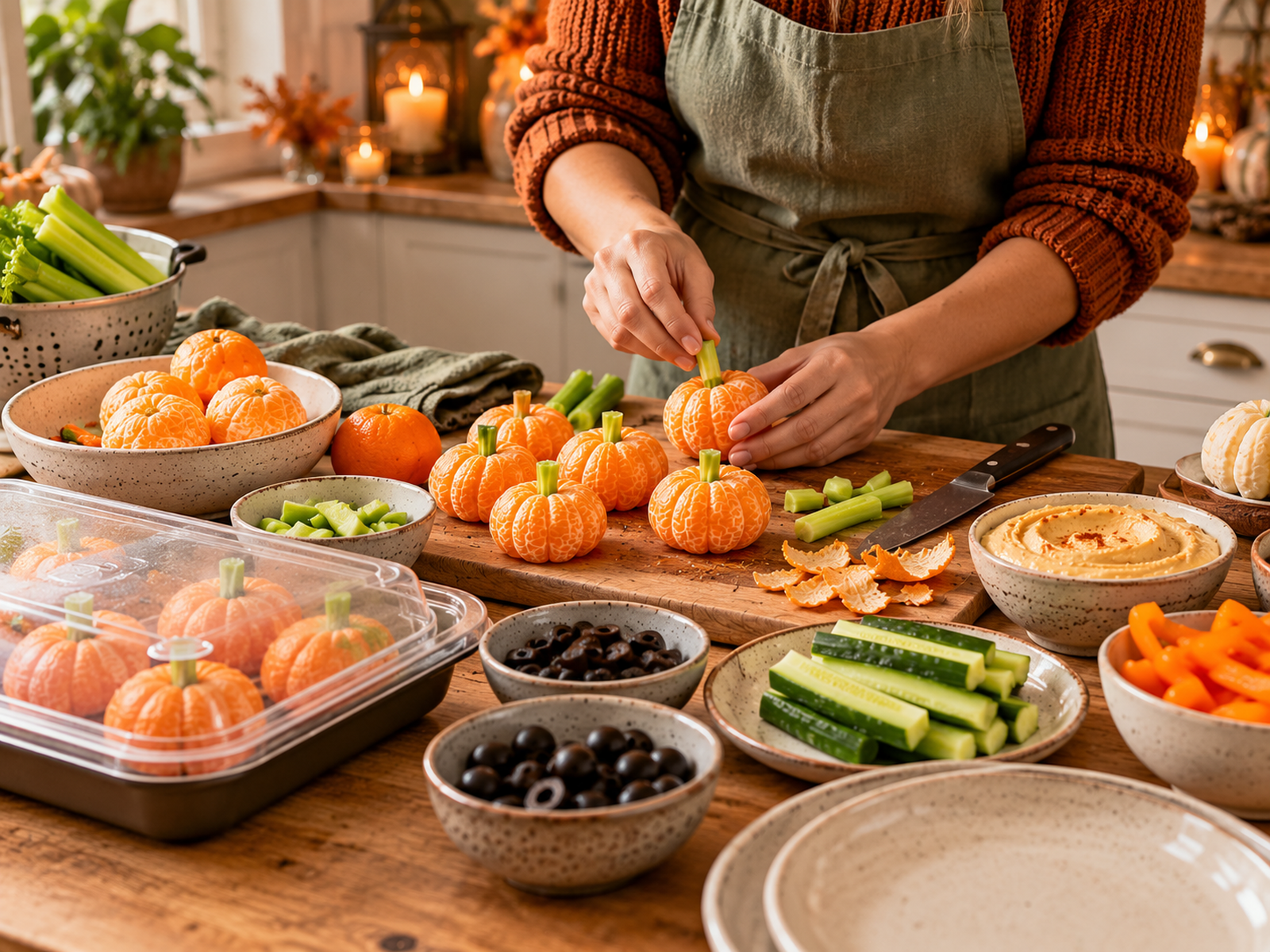 Adult home host preparing clementines and celery on a clean wooden chopping board with party snacks nearby