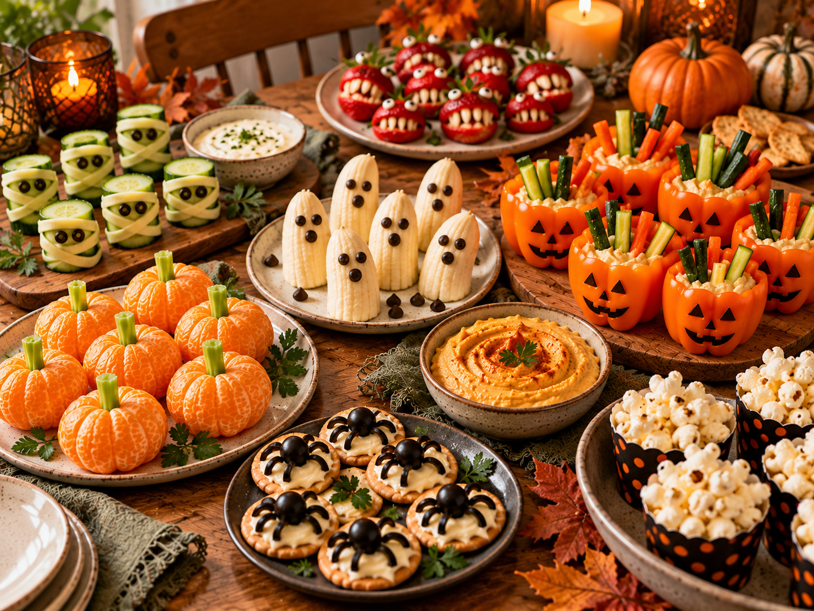 Overhead Halloween snack spread showing several simple fruit, vegetable, cheese and cracker recipes