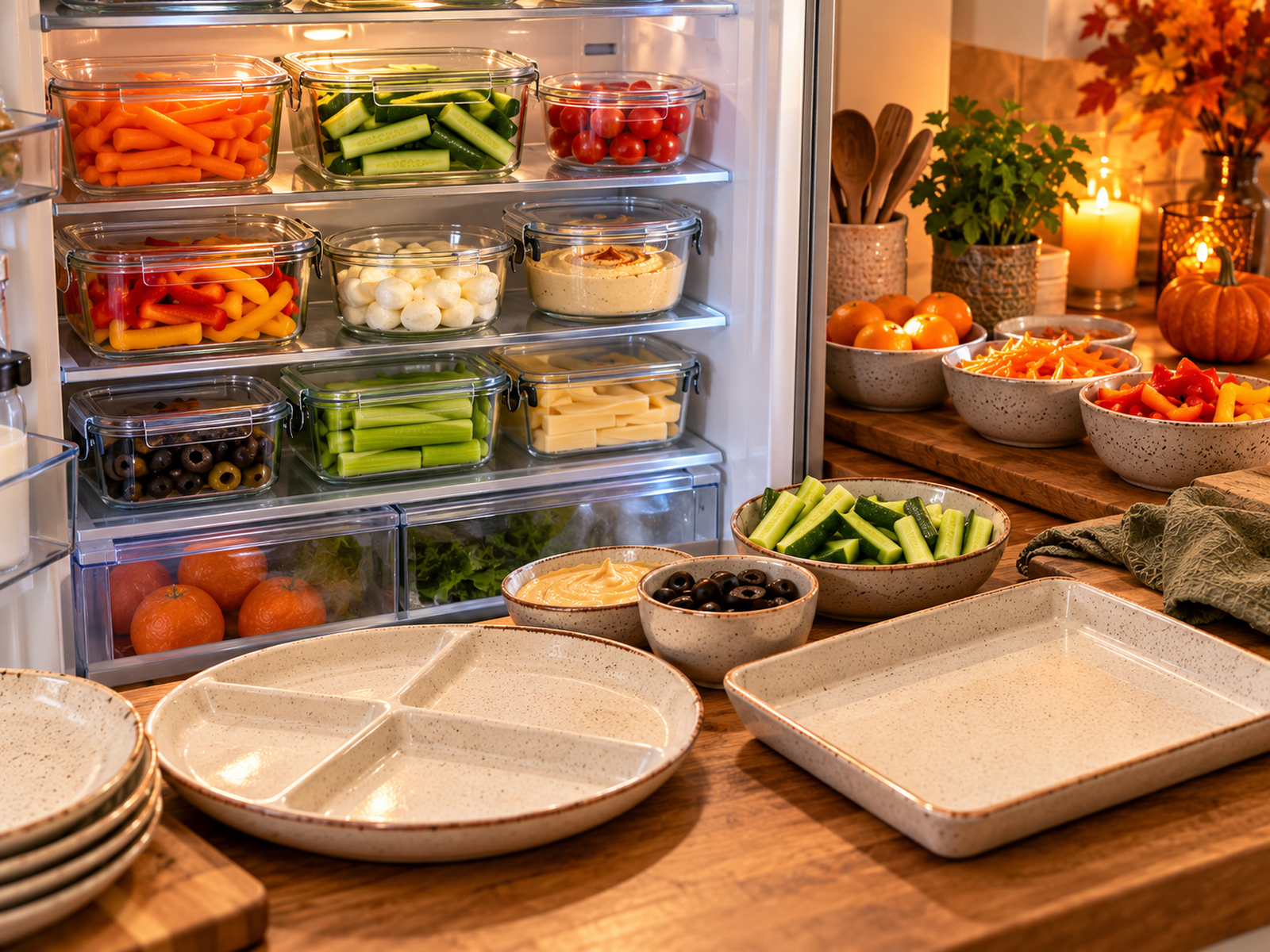 Organised refrigerator and kitchen counter with prepared vegetables, covered bowls and chilled Halloween snack ingredients ready for later assembly