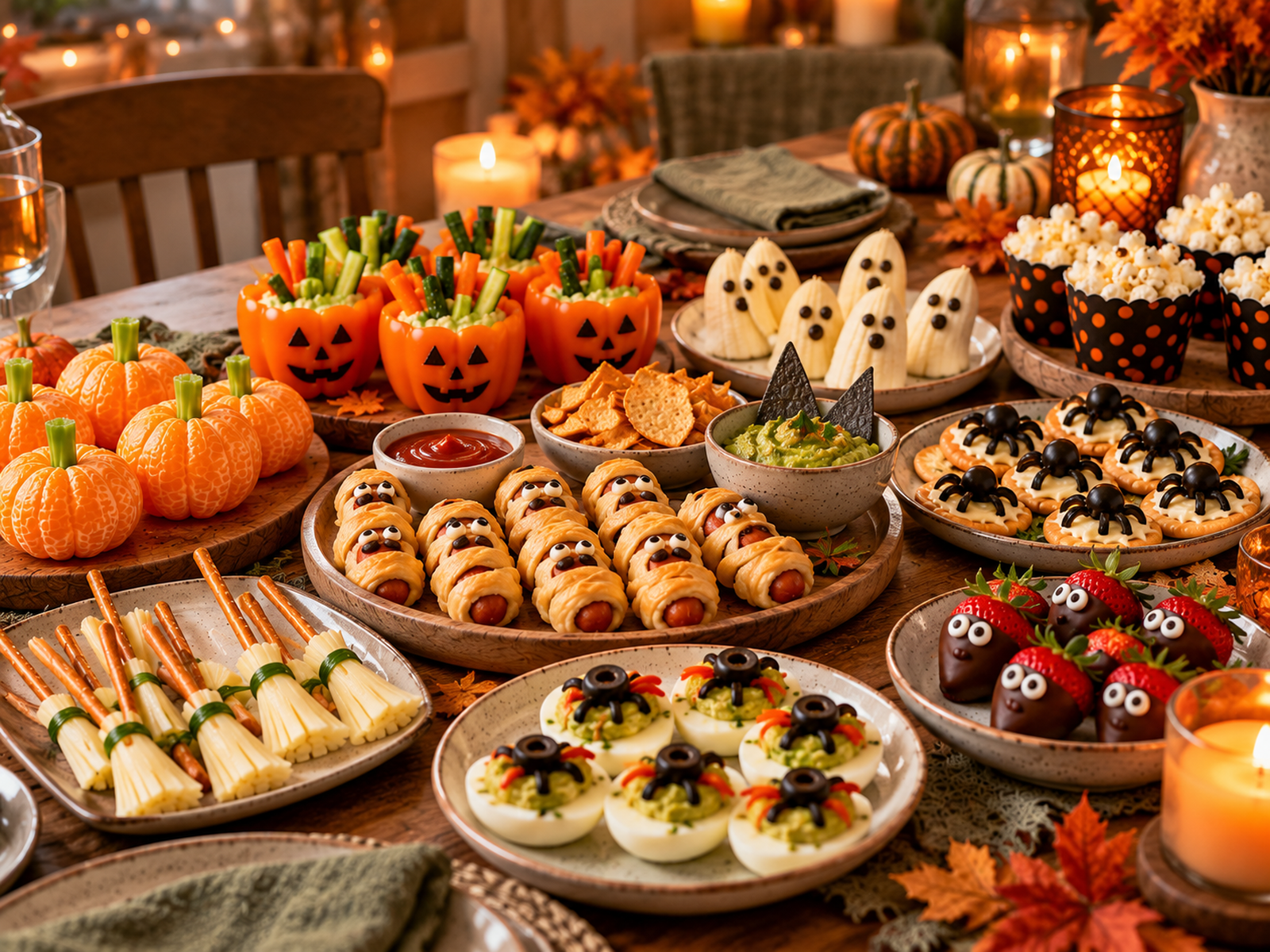 Halloween party table with clementine pumpkins, pepper cups, olive spiders, strawberry faces and adult popcorn cups arranged in small batches