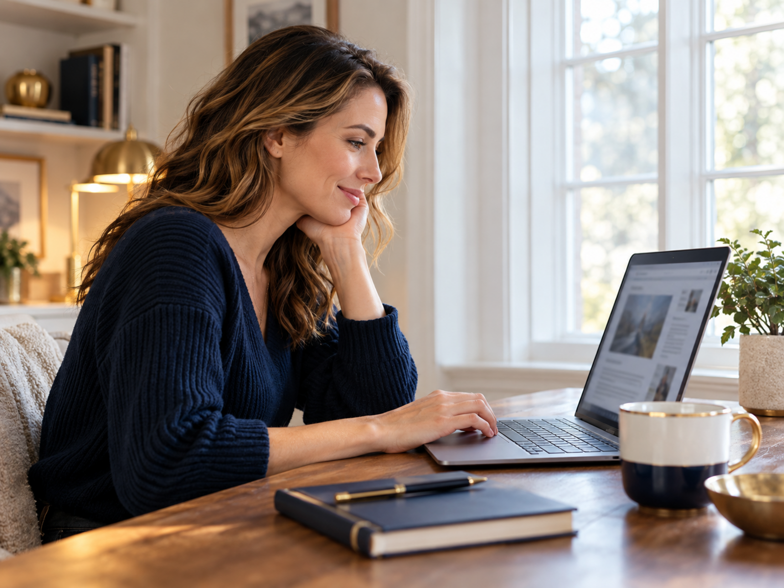 Reader exploring a blog article on a laptop beside a window